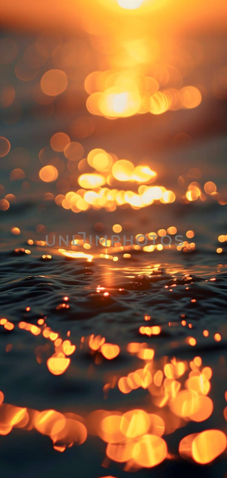 Sunset bokeh on water: golden sky over a body of water, with the light reflecting and creating a bokeh effect.. Neural network generated image. Not based on any actual scene or pattern.