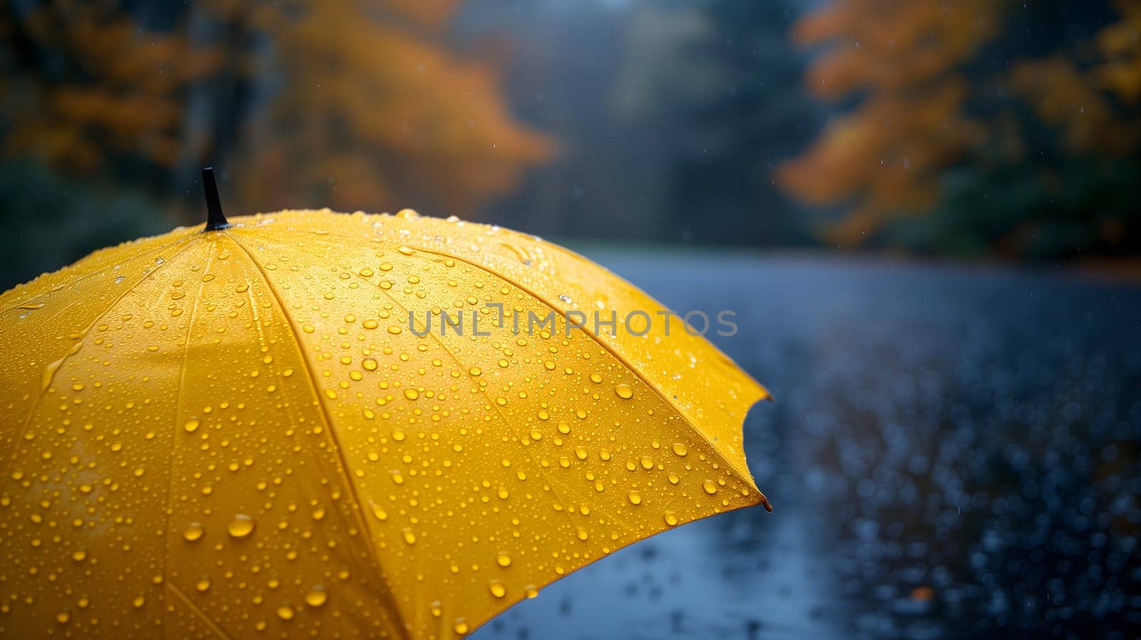 Close up, yellow umbrella under rainfall against a background of autumn leaves. Concept of rainy weather. Neural network generated image. Not based on any actual scene or pattern.