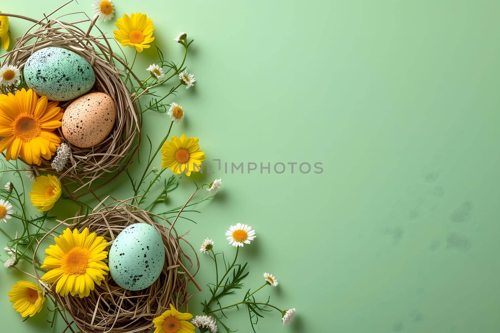 Easter eggs day background with copy space, high angle view. Neural network generated image. Not based on any actual scene or pattern.