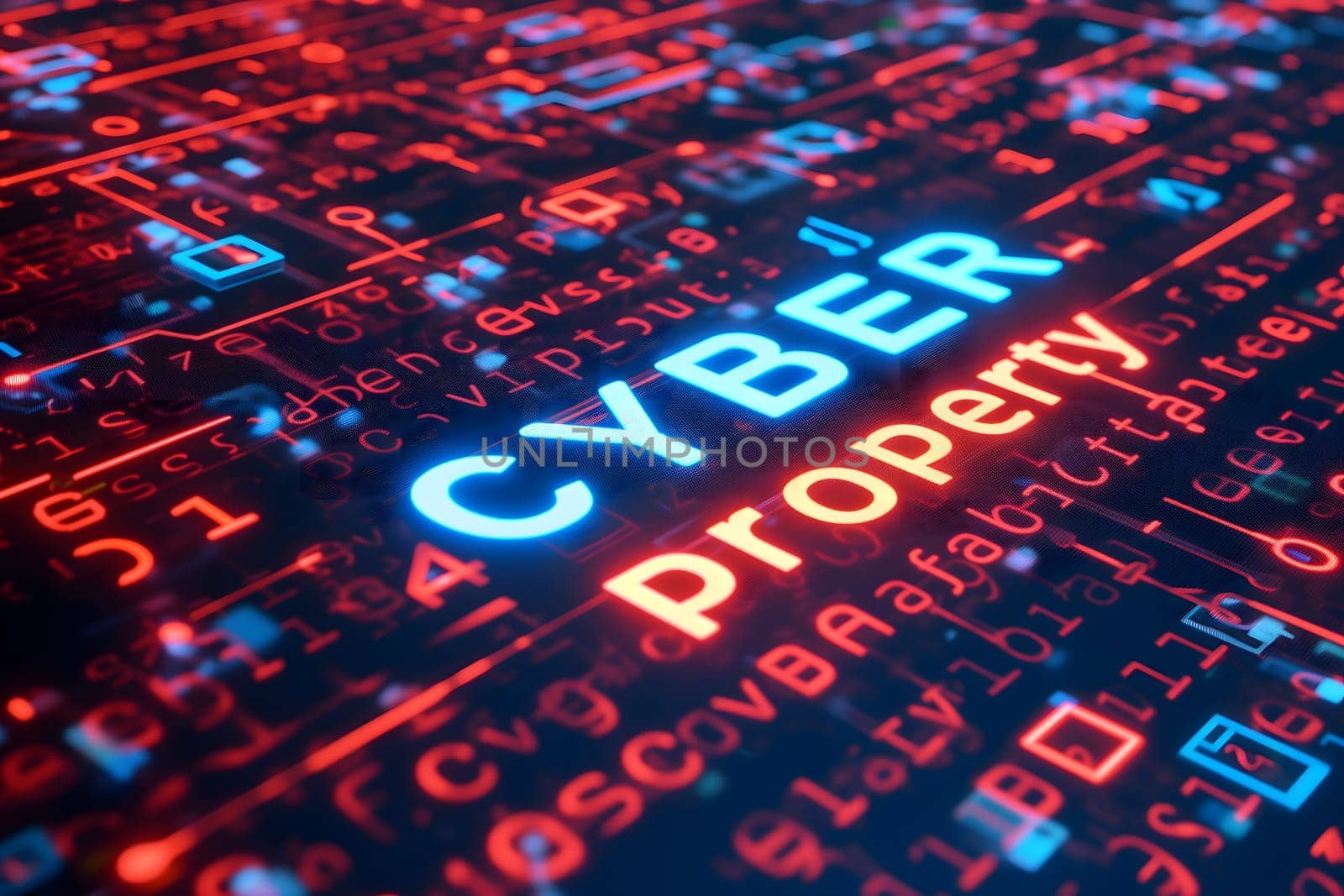 Words cyber property for cyber law concept. Neural network generated image. Not based on any actual scene or pattern.