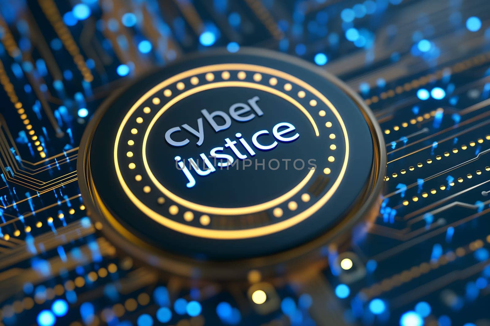 Words cyber justice for cyber law concept. Neural network generated image. Not based on any actual scene or pattern.