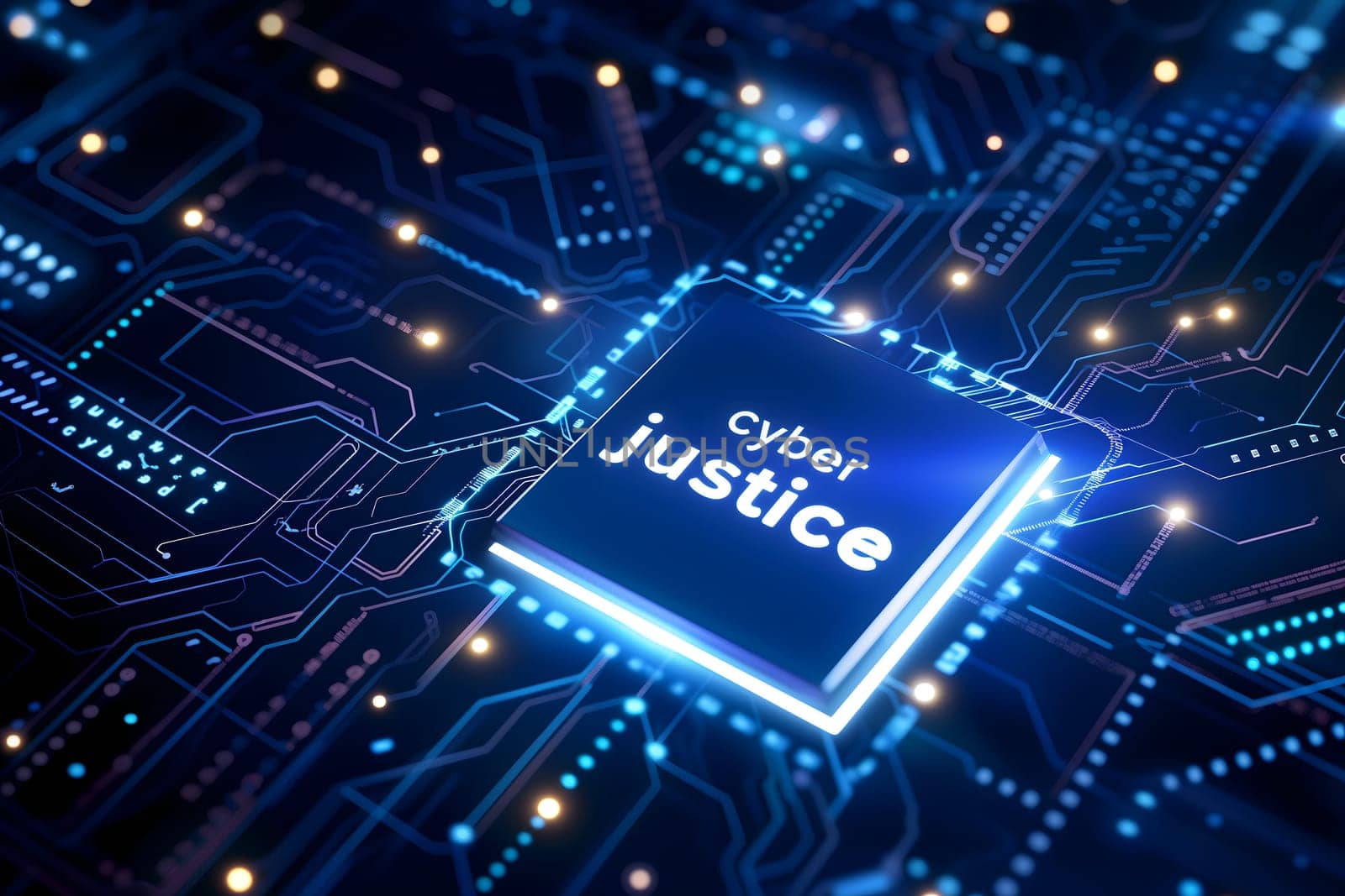 Words cyber justice for cyber law concept. Neural network generated image. Not based on any actual scene or pattern.