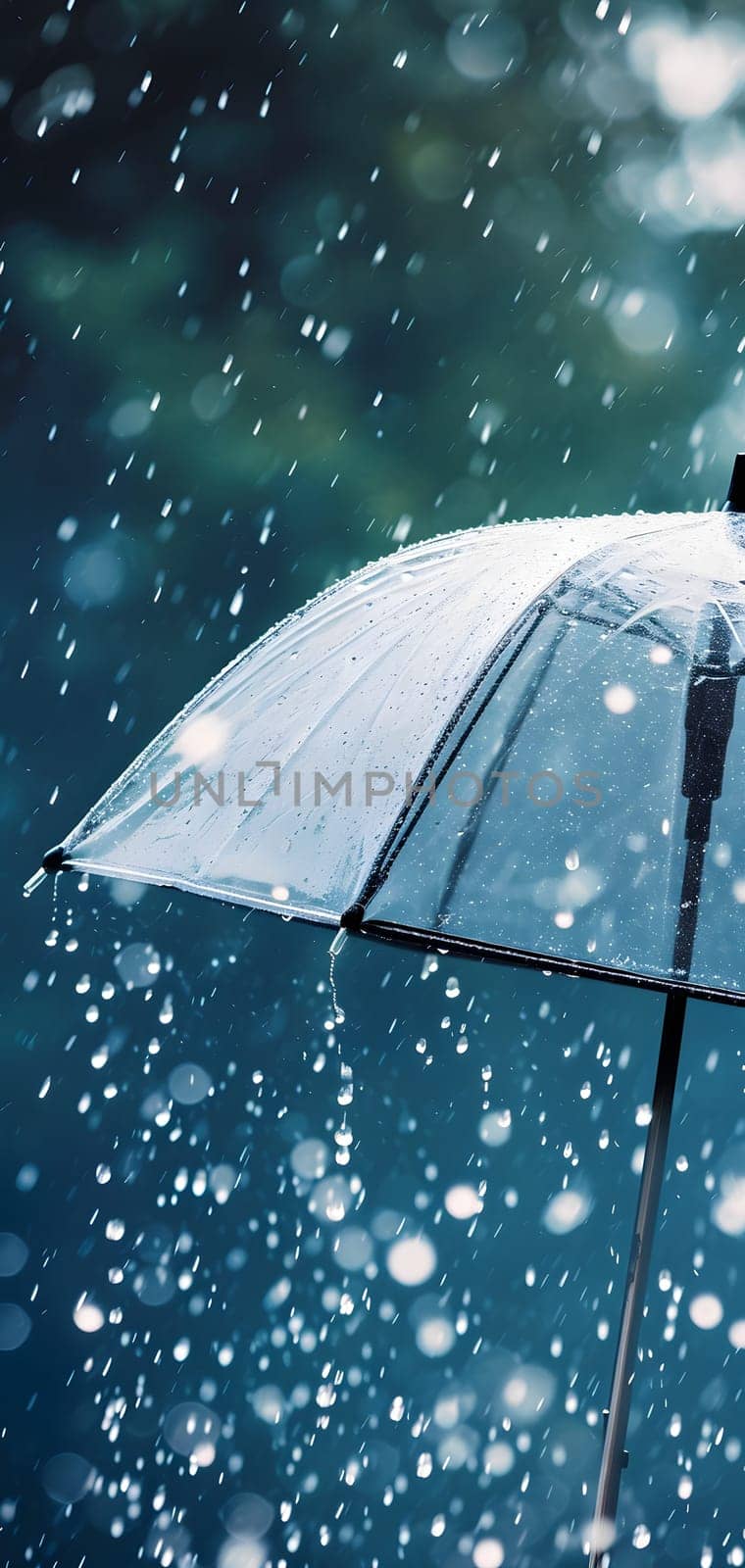 Close up, transparent umbrella under rainfall against a background of water droplets splashing. Concept of rainy weather. Neural network generated image. Not based on any actual scene or pattern.