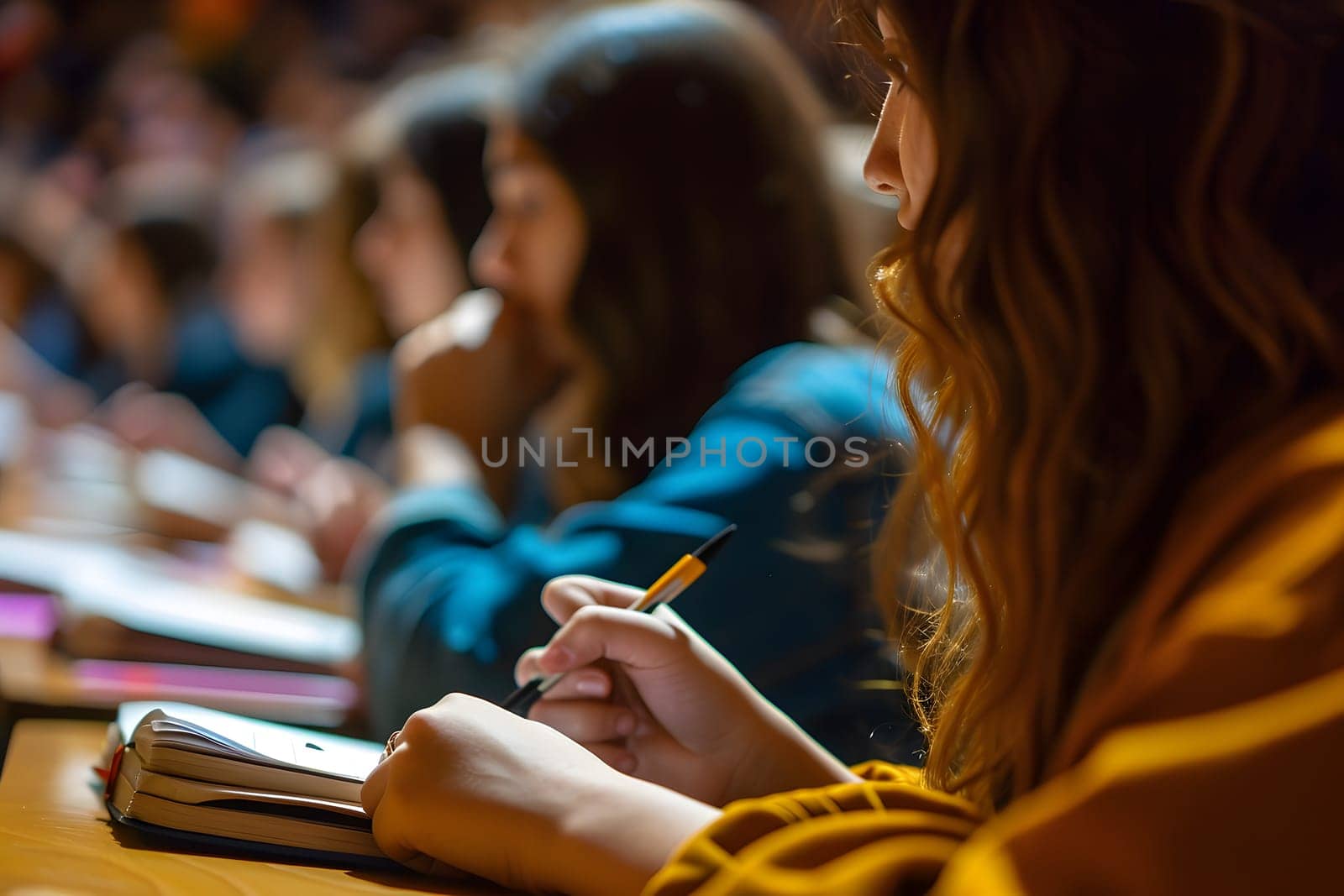 Close up, concept of students studying in a classroom lecture. Neural network generated image. Not based on any actual scene or pattern.