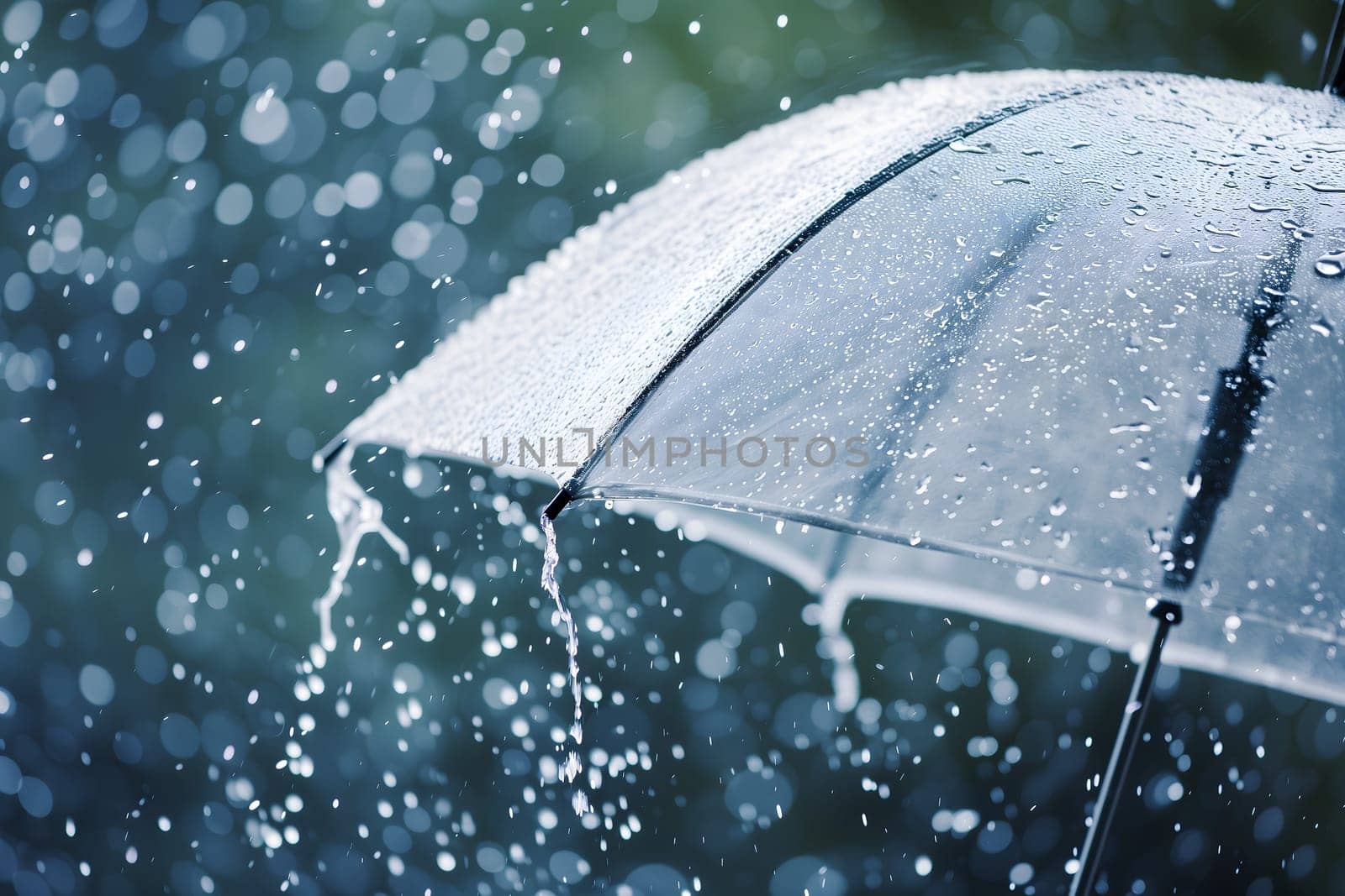 Close up, transparent umbrella under rainfall against a background of water droplets splashing. Concept of rainy weather. Neural network generated image. Not based on any actual scene or pattern.
