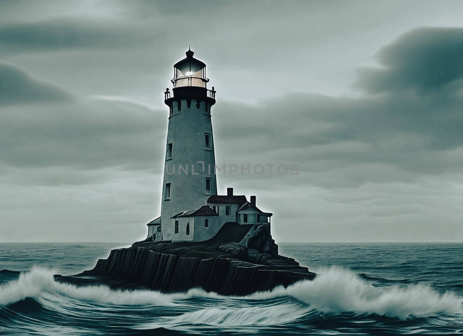 Haunted lighthouse on rocky coast: stormy skies, crashing waves, ghostly light from tower. Eerie atmosphere surrounds the spectral beacon.