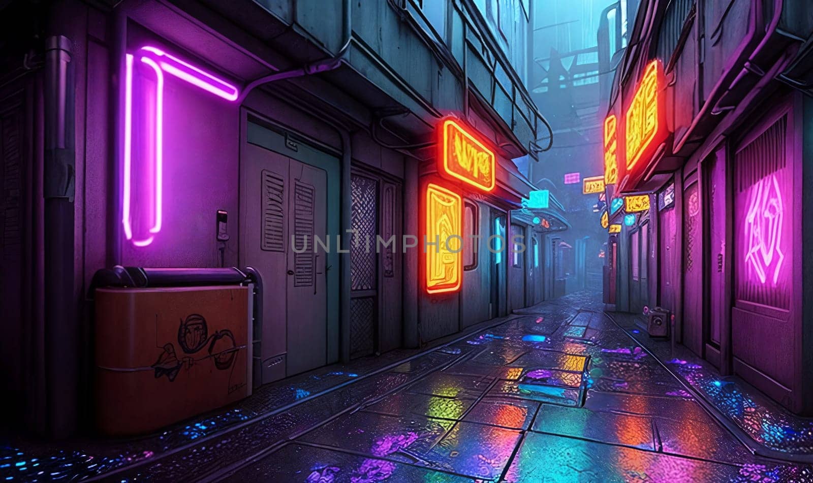 In a cyberpunk alley, neon signs cast a gritty glow on holographic graffiti, rain-soaked pavement glistens under ominous skies.