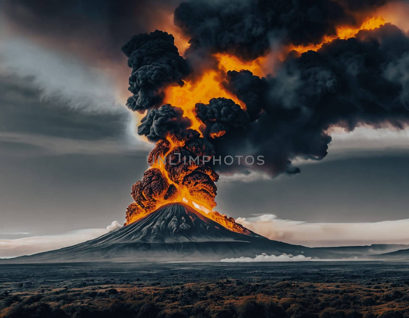 The dramatic eruption of a volcano, emphasizing the fiery lava spewing from the crater and the ash cloud billowing into the sky, showcasing the volatile beauty of nature's fury. Panorama