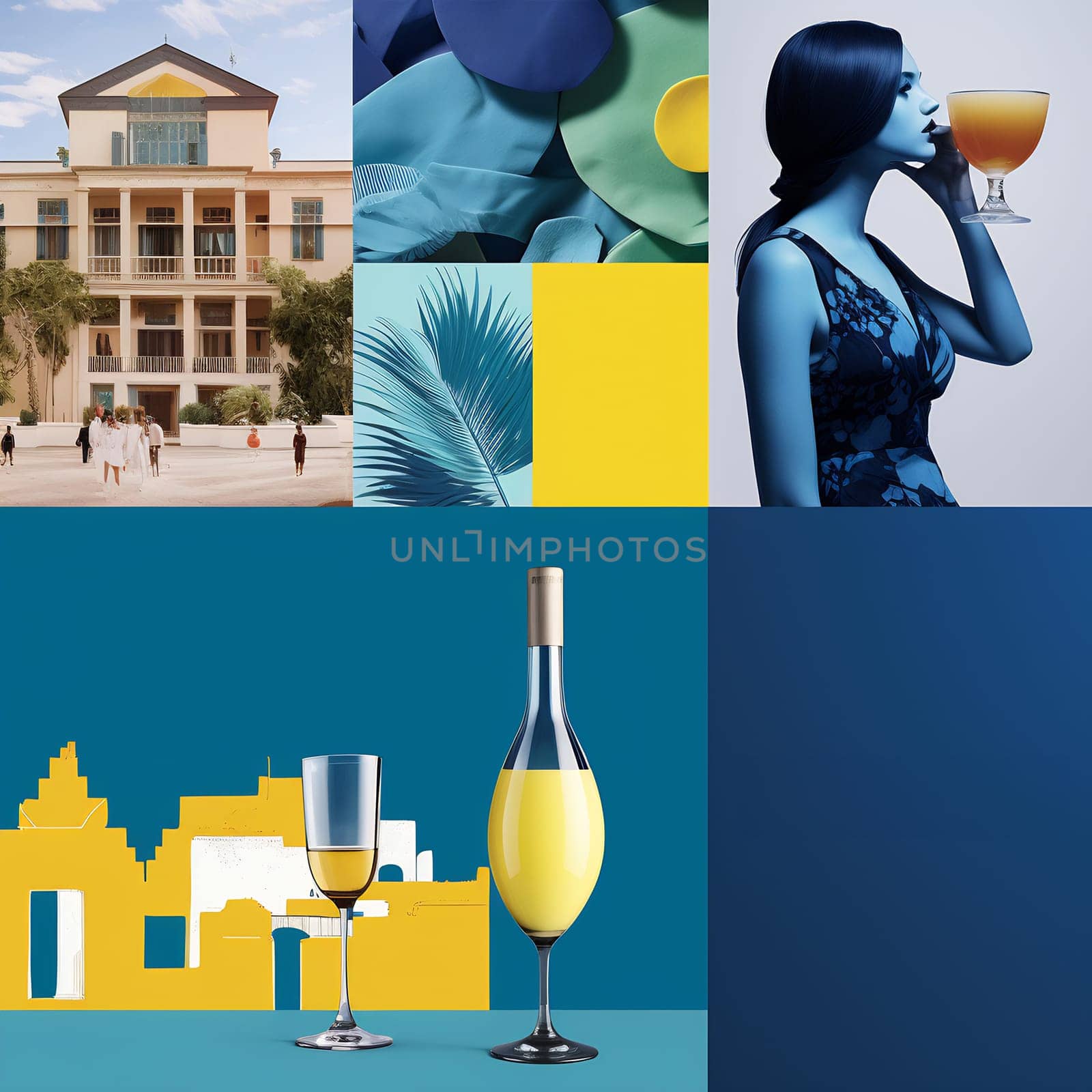 A mosaic of modern living with architecture, fashion, and wine in stylized hues