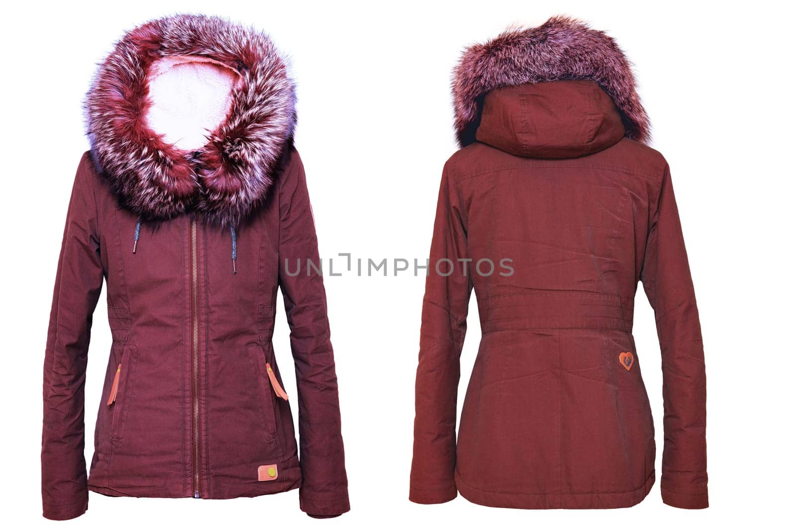 Woman clothes. Collage of stylish red brown female winter jacket with fur hood on mannequin isolated on a white background. Girls winter fashion. Front and back view.