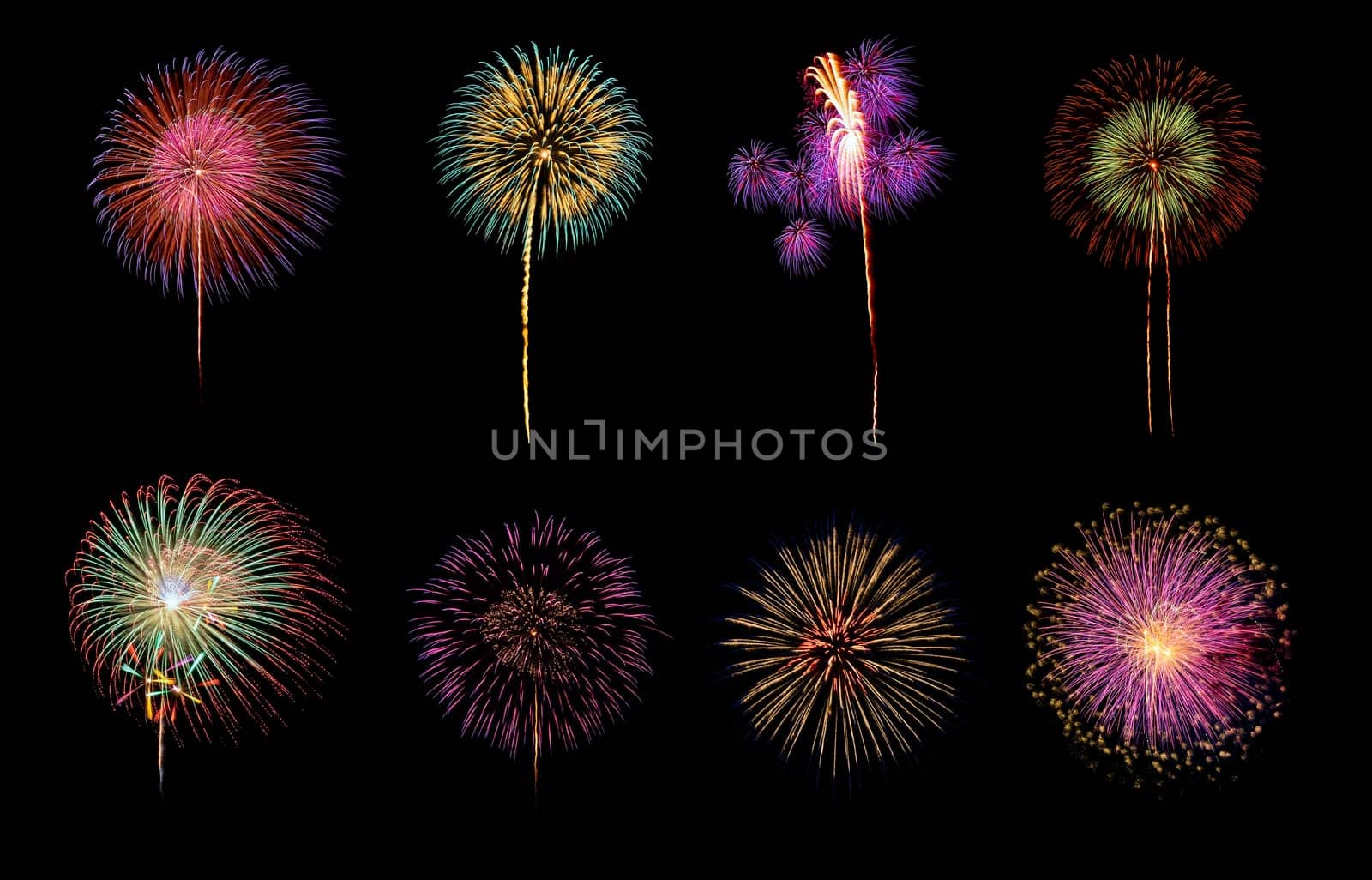 Eight colorful fireworks on black background