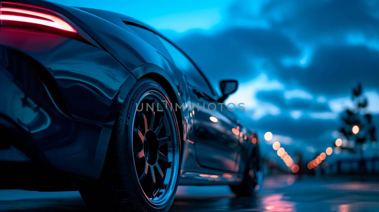 Back view of dark blue car. Close up LED Tail Lights of a car. AI generated