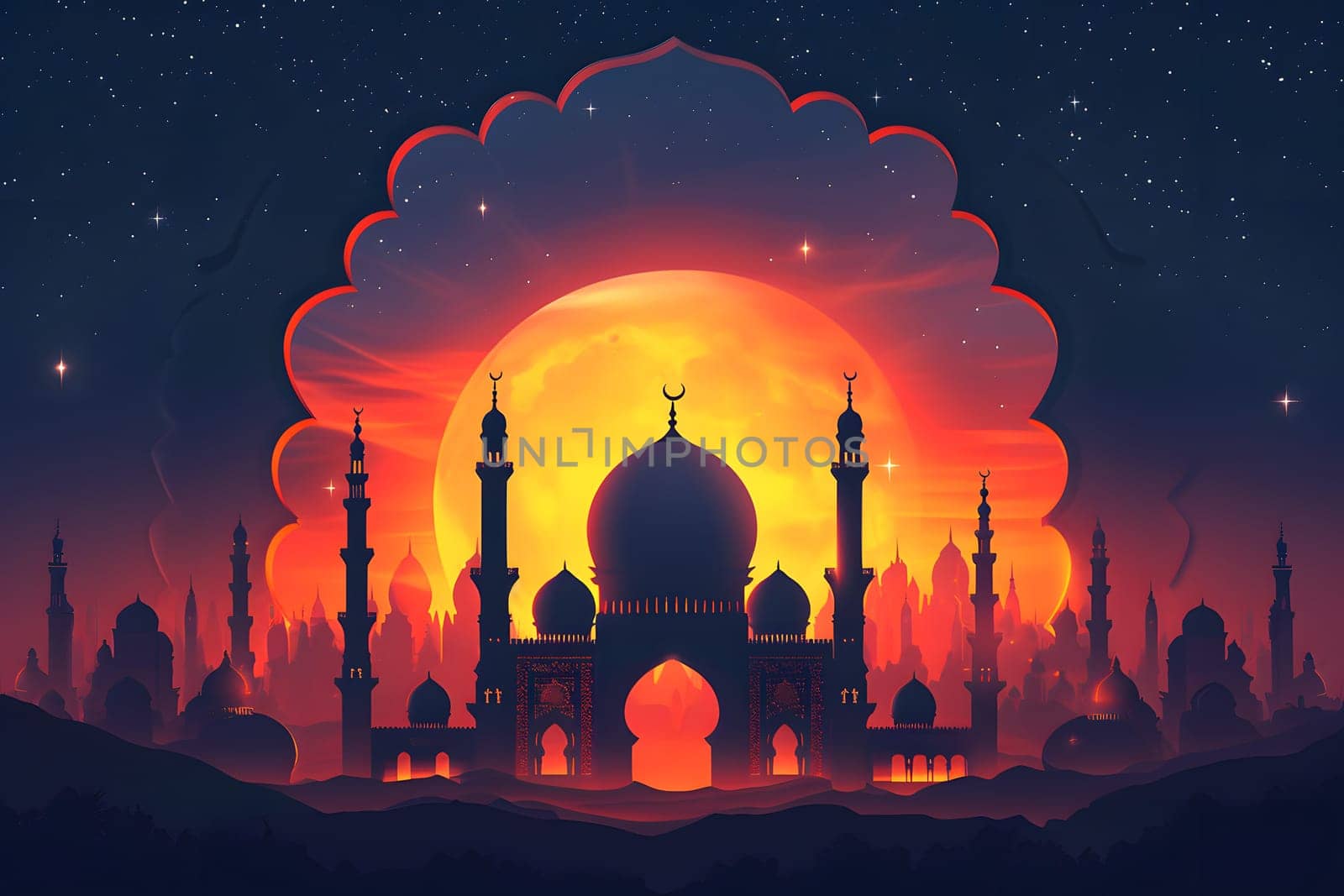 Ramadan mosque with starry night sky. Neural network generated in January 2024. Not based on any actual scene or pattern.