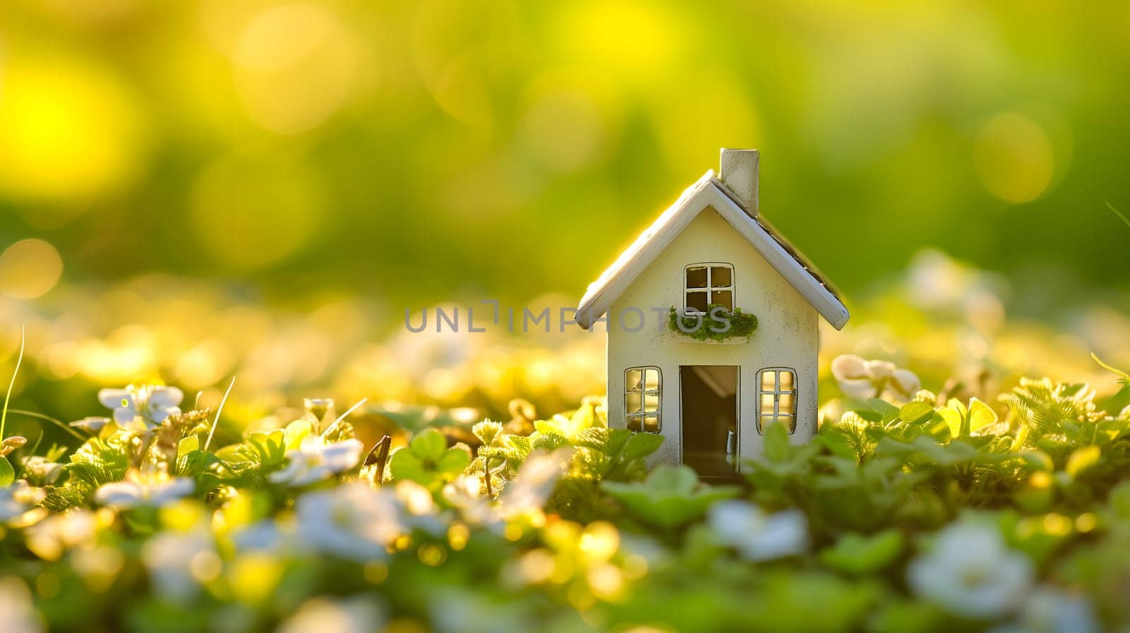 Spring background with a tiny toy house symbolizing family mortgage construction rental and property concepts. Neural network generated image. Not based on any actual person or scene.