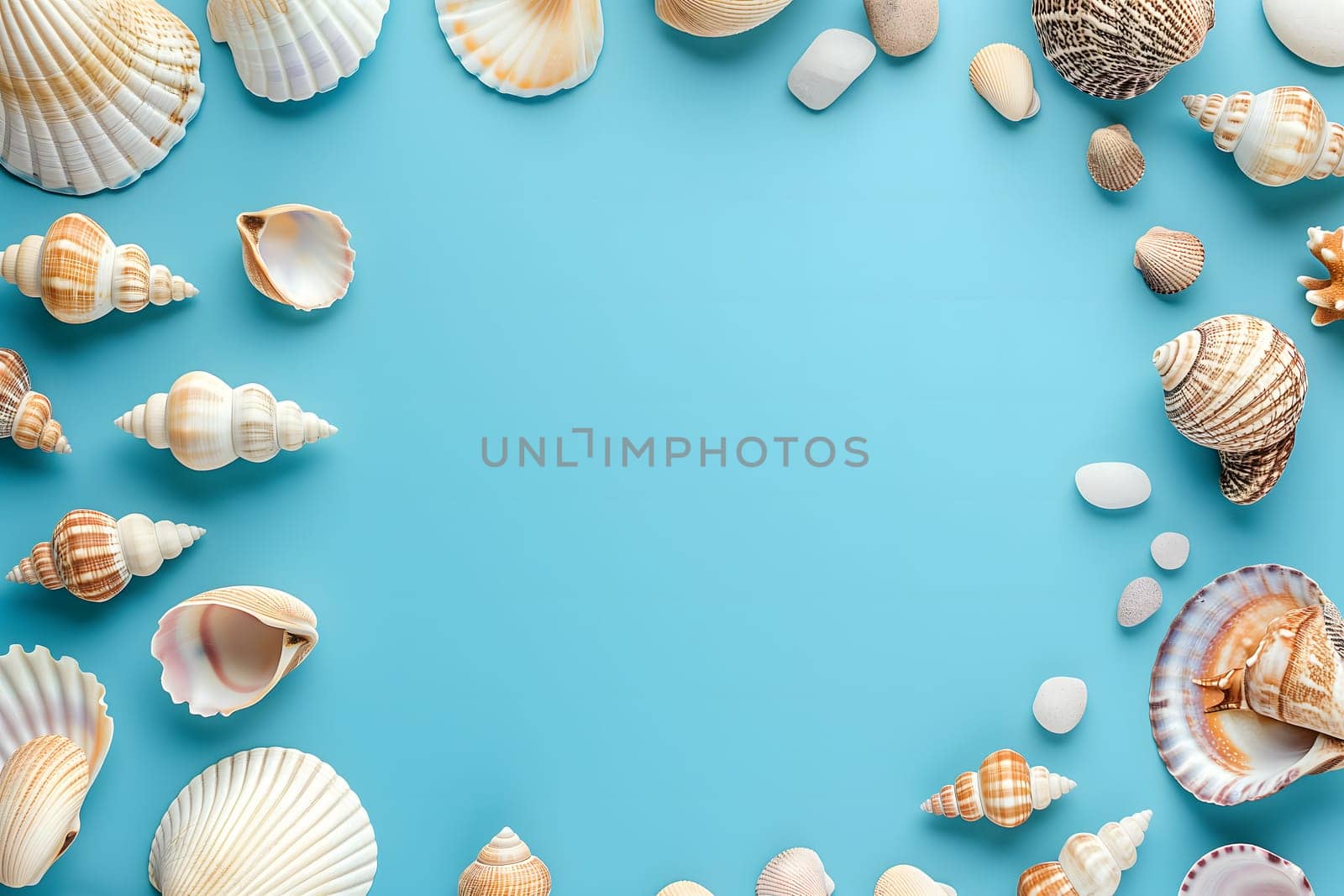 Seashells, pebbles, mockup on blue background. Blank, top view, still life, flat lay. Sea vacation travel concept tourism and resorts. Summer holidays. Neural network generated in January 2024. Not based on any actual scene or pattern.