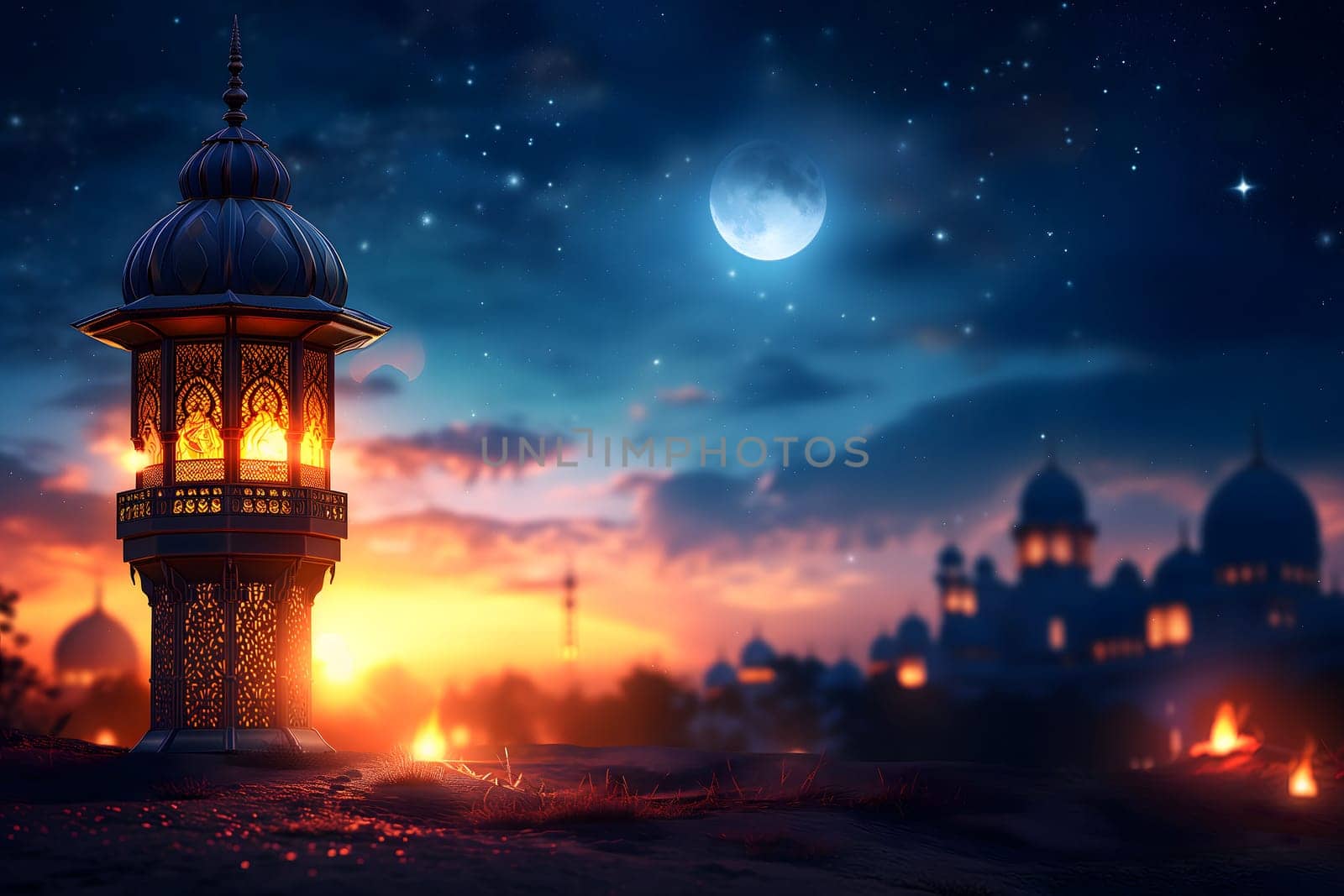 fanous Ramadan lanterns at night with moon and mosque in the background. Neural network generated in January 2024. Not based on any actual scene or pattern.