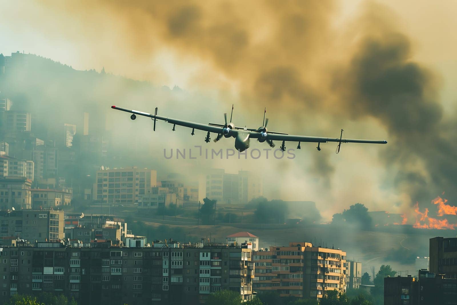 Plane drone over burning city at sunset or sunrise. Neural network generated image. Not based on any actual scene or pattern.