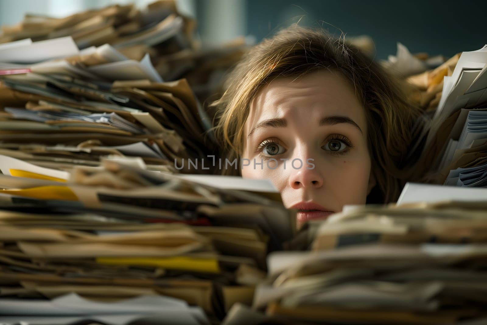 Young adult Caucasian woman in an office, overwhelmed by a mountains of paperwork. Neural network generated in January 2024. Not based on any actual scene or pattern.