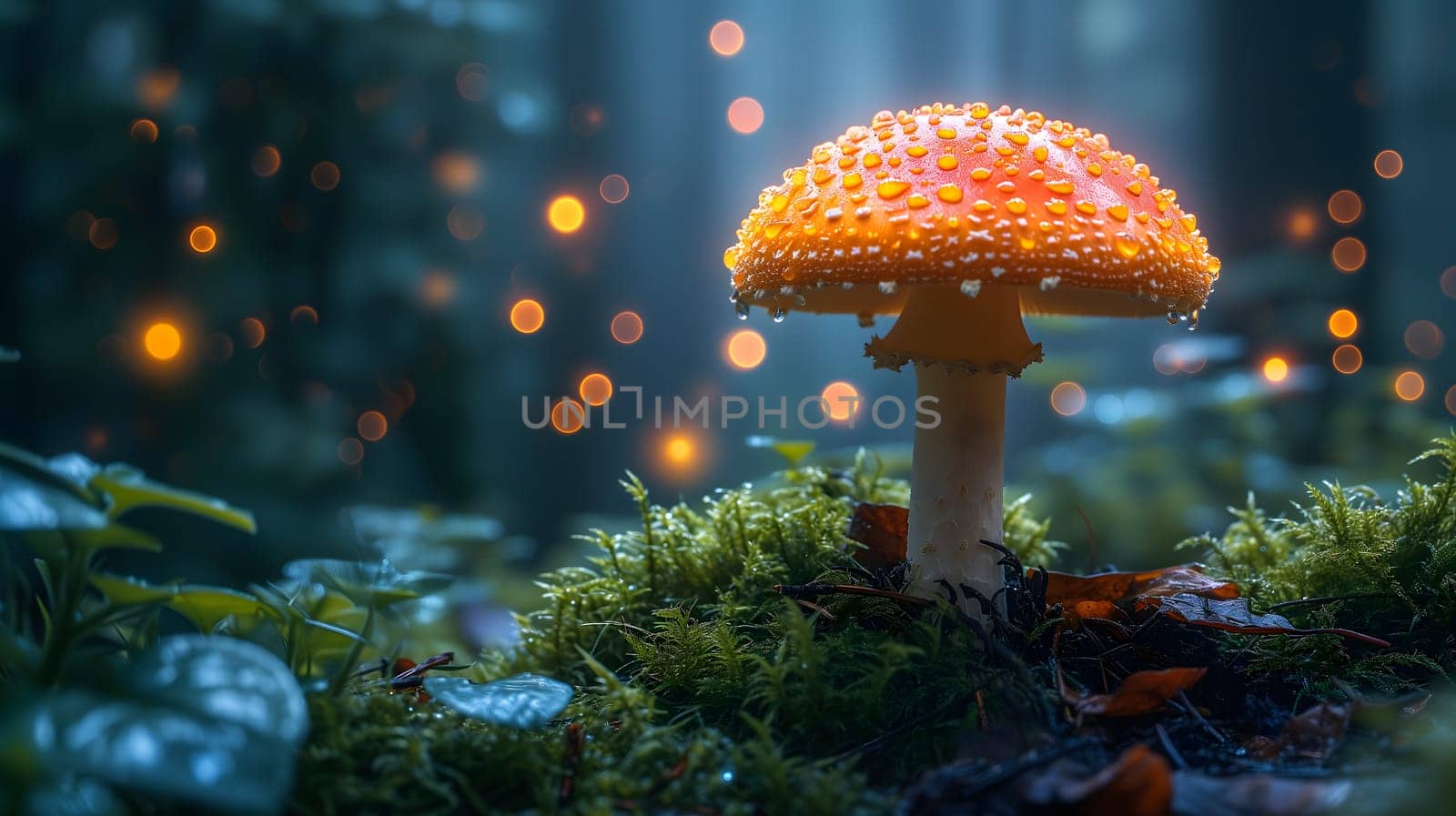 Magical mushroom in fantasy enchanted fairy tale forest. Neural network generated in January 2024. Not based on any actual scene or pattern.