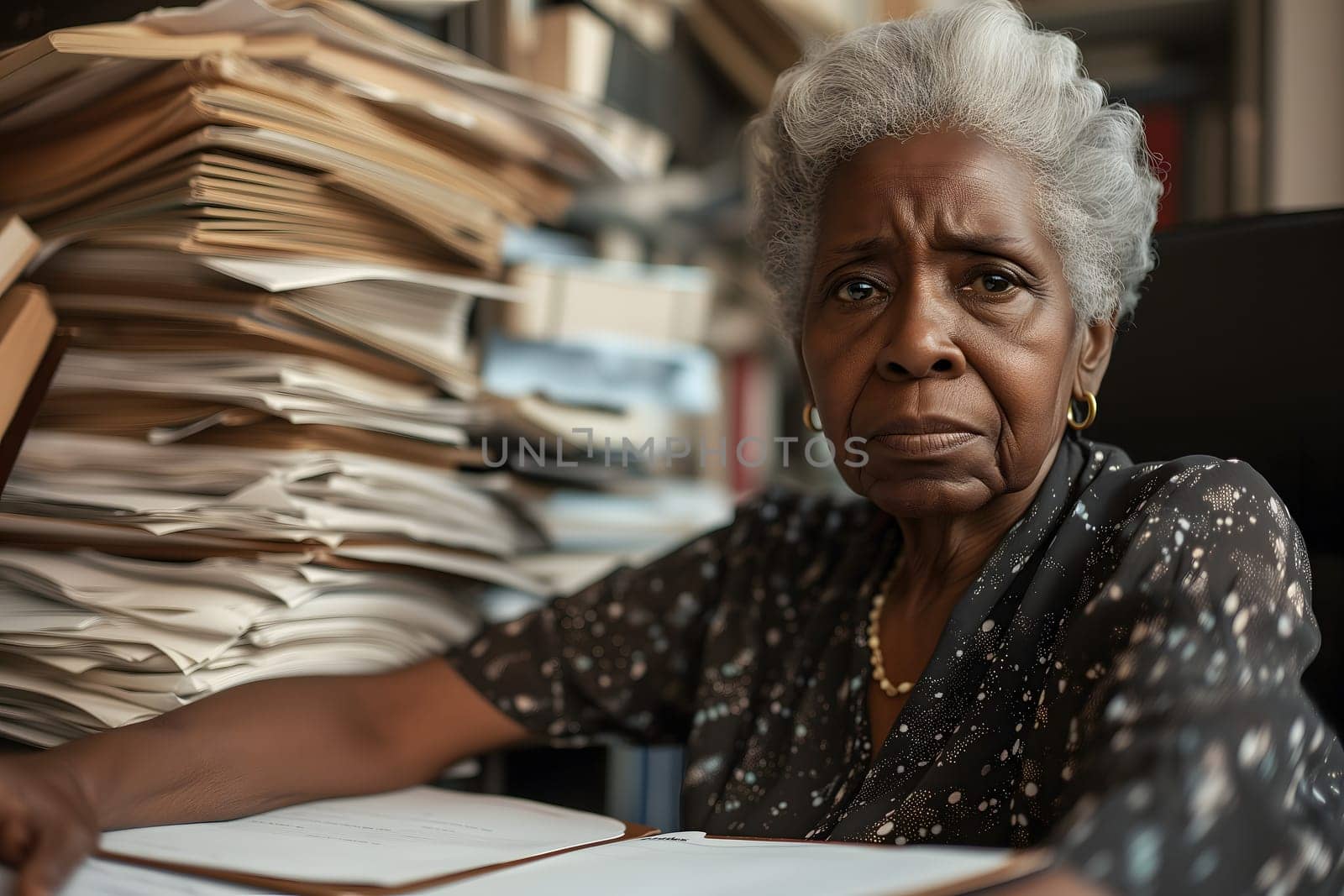 Senior African American woman in an office, overwhelmed by a mountains of paperwork. Neural network generated in January 2024. Not based on any actual scene or pattern.