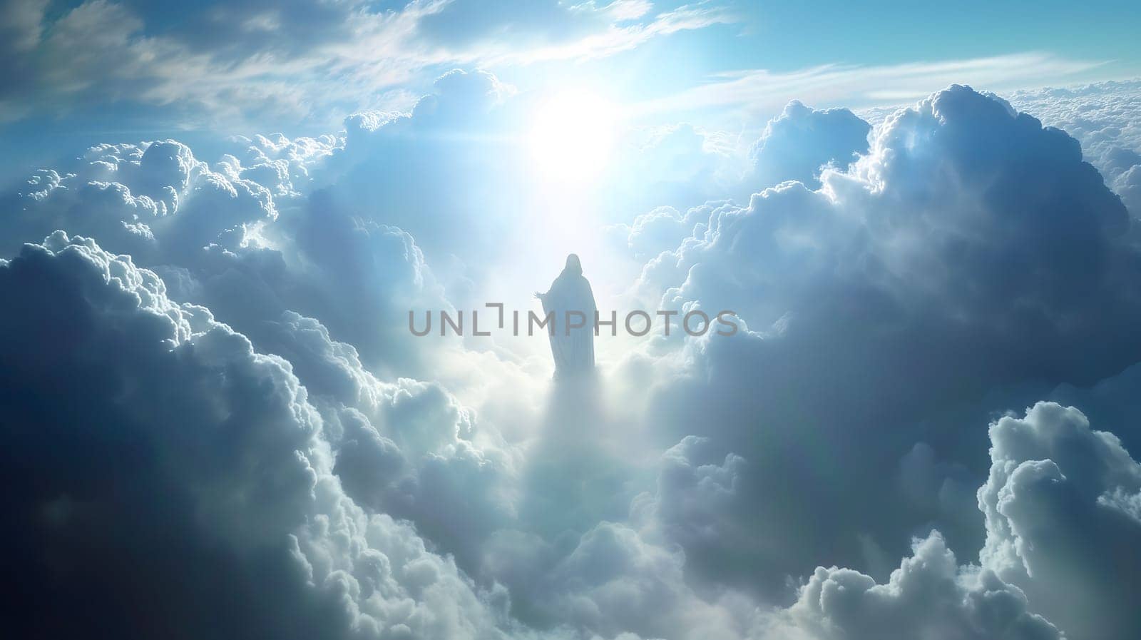 Jesus Christ in Heaven Blessing & Welcoming All. Neural network generated image. Not based on any actual person or scene.