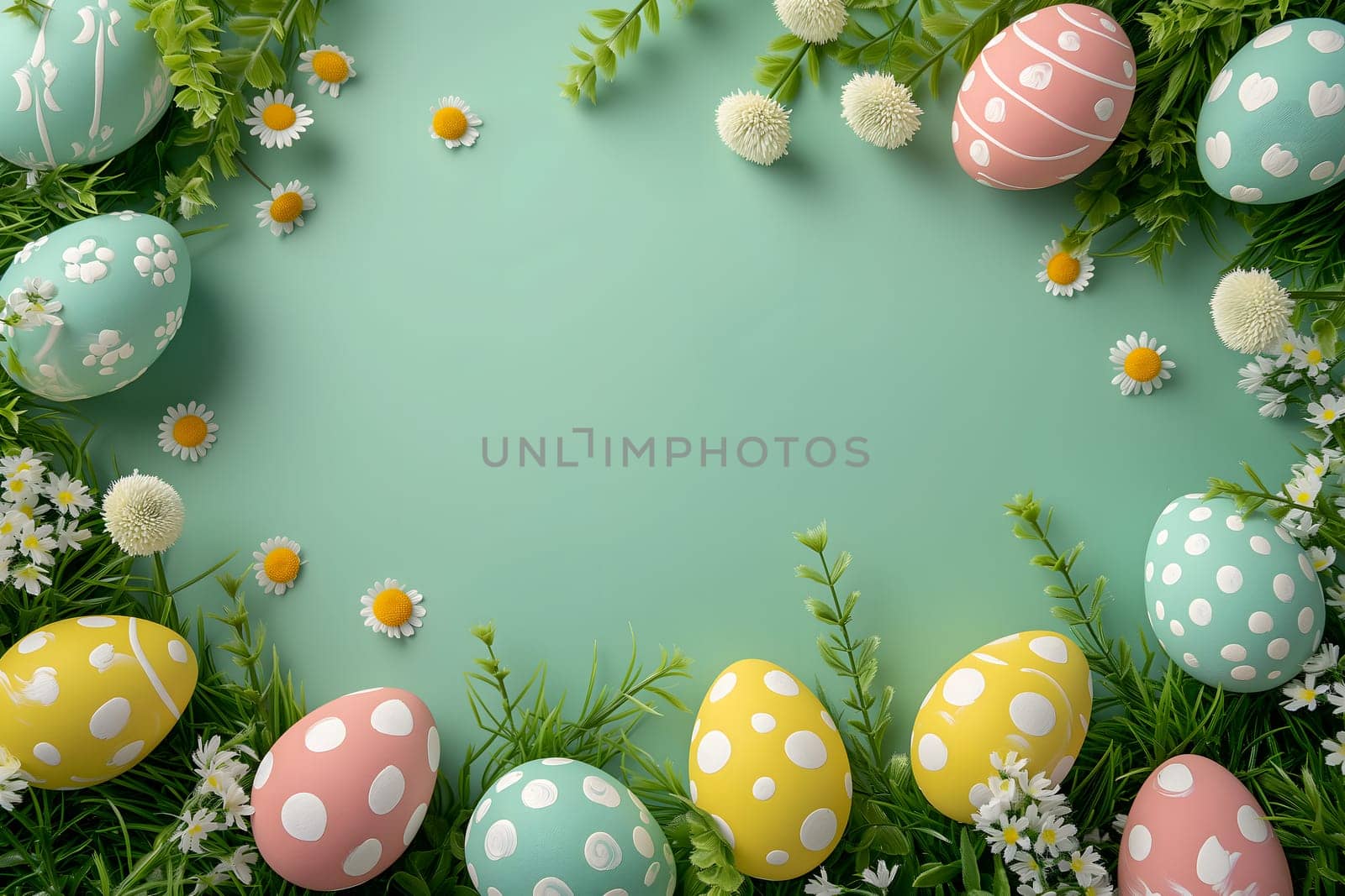 Easter eggs day background with copy space, high angle view. Neural network generated image. Not based on any actual scene or pattern.