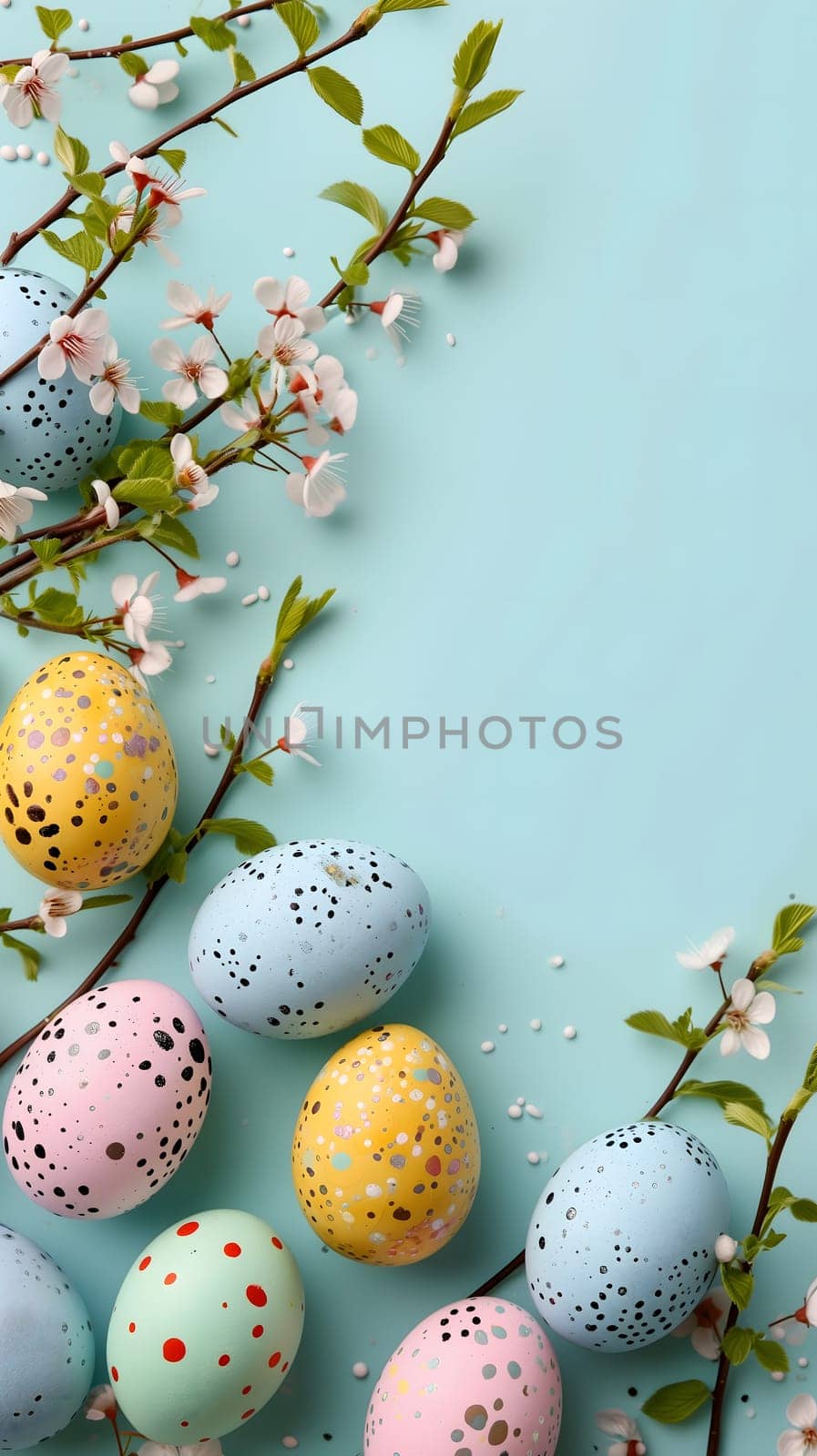 Easter eggs day background with copy space, high angle view. Neural network generated image. Not based on any actual scene or pattern.