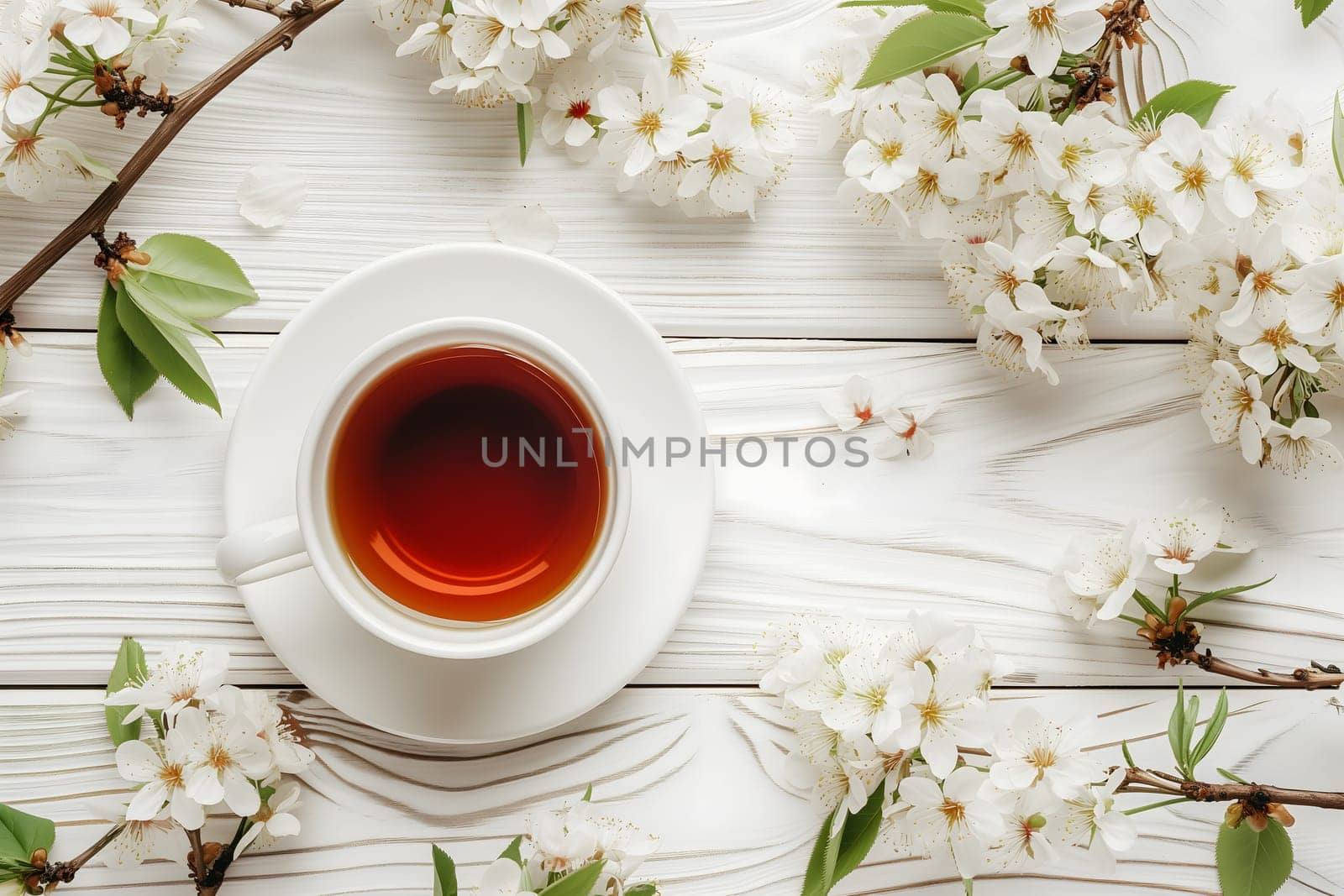 A cup of tea is on top a white table with blossoming floral branches. Neural network generated image. Not based on any actual scene or pattern.
