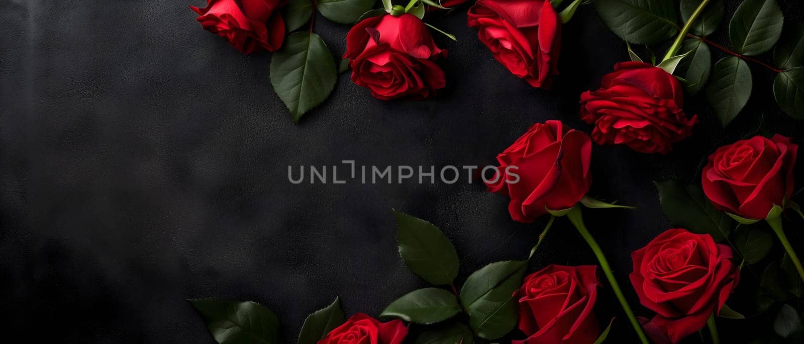 Red roses on black background with copy space. Neural network generated image. Not based on any actual person or scene.