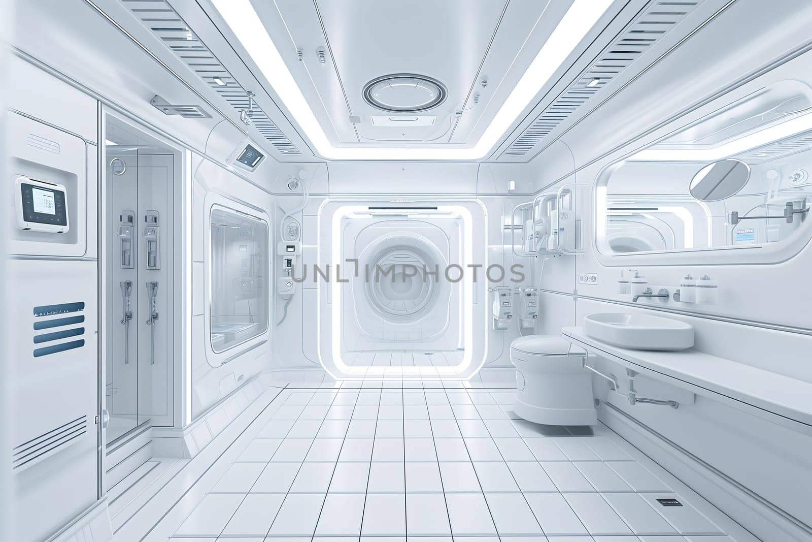 futuristic clean white space station style interior of bathroom. Neural network generated image. Not based on any actual scene or pattern.