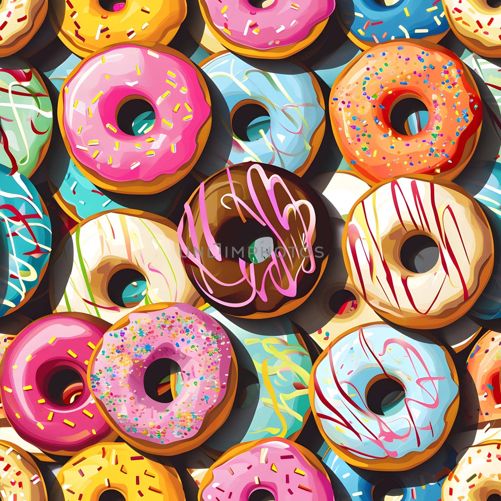 Seamless texture and pattern of colorful glazed doughnuts with high angle view. Neural network generated image. Not based on any actual scene or pattern.