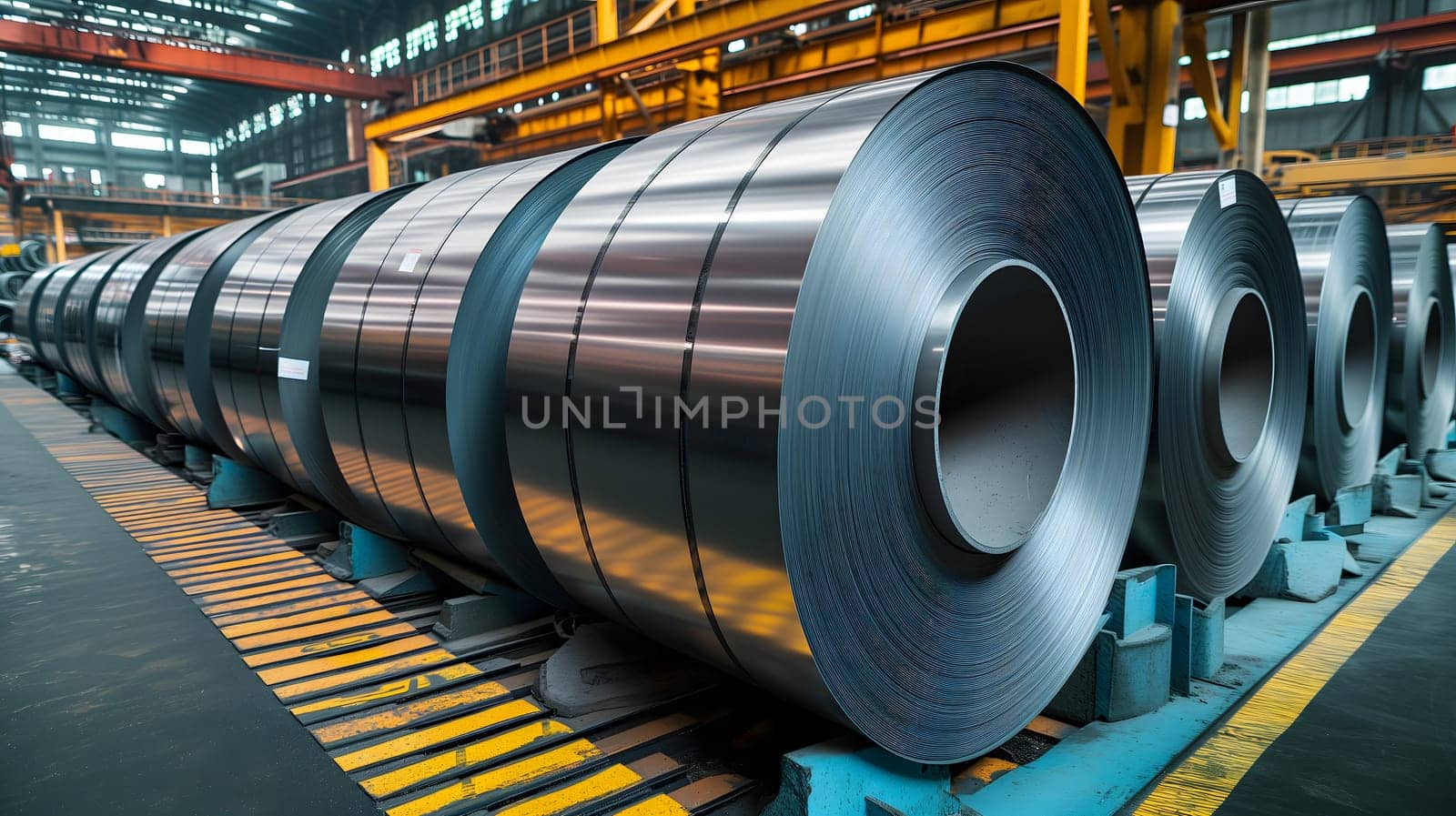 Packed rolls of steel sheet, Cold rolled steel coils in a warehouse. Neural network generated image. Not based on any actual person or scene.