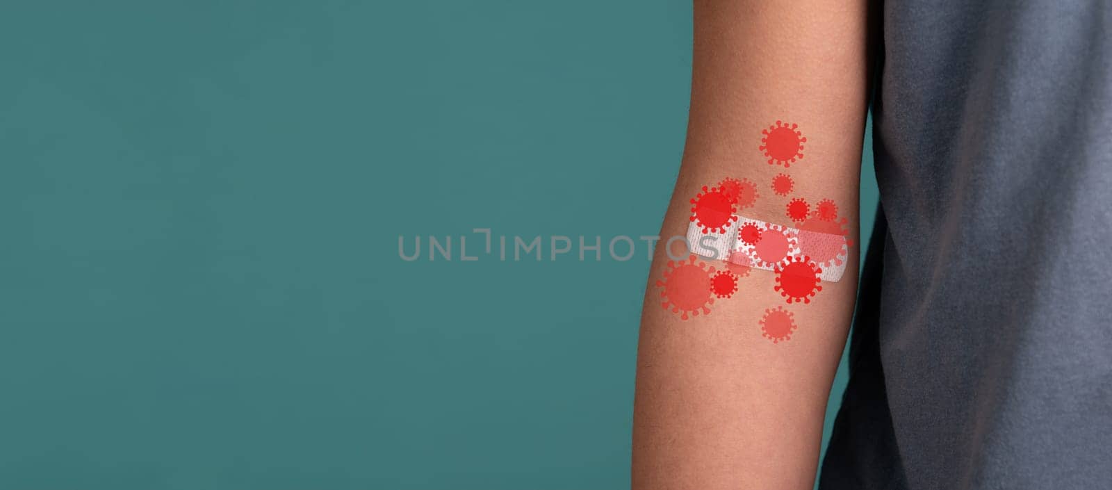 Outbreak of a virus, infectious disease spreading, pandemic, plaster after syringe, herd immunity, research in medicine