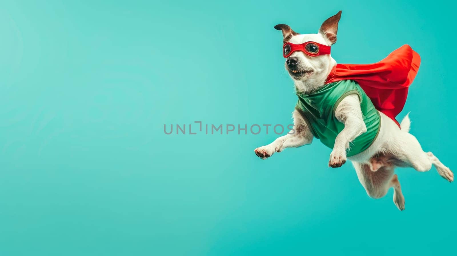 Dog super hero with a red cloak and eye mask jumping and flying on light blue background with copy space. AI generated