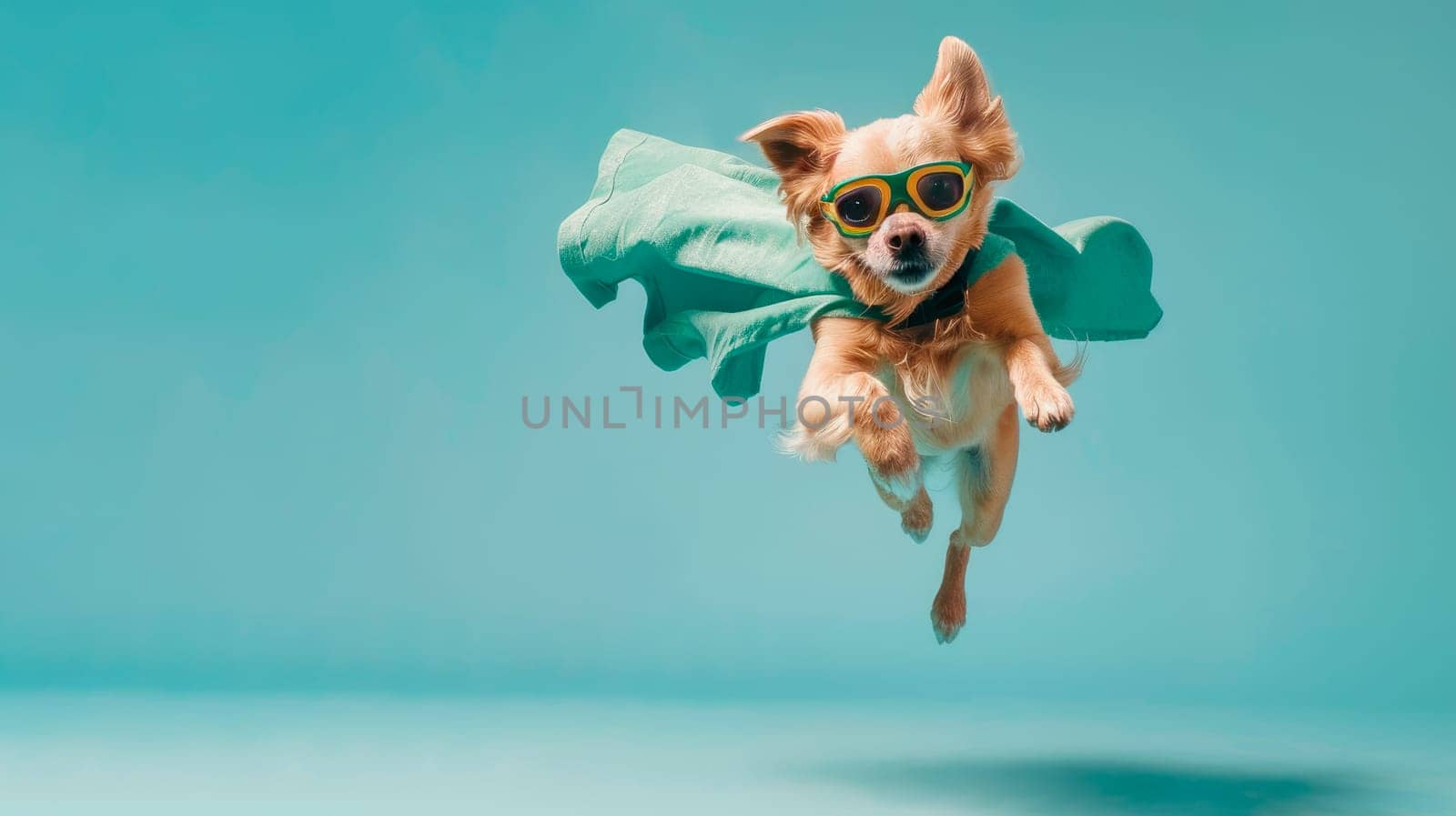 Dog super hero with a green cloak and eye mask jumping and flying on light blue background with copy space. AI generated