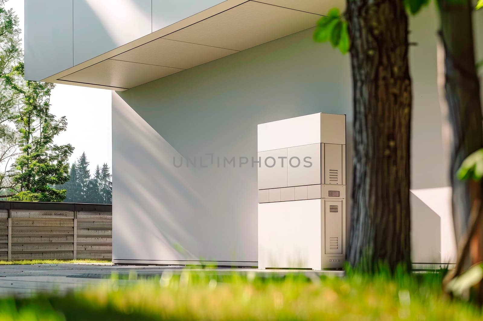 Heat pump installed at the wall of a modern house showing renewable energy sources. AI generated