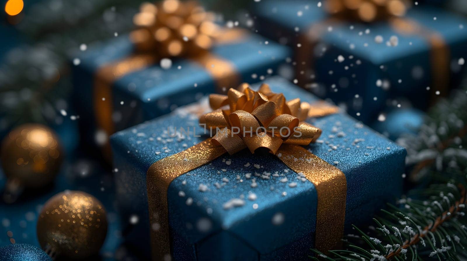 Blue Christmas gift boxes with a gold bow for holiday background. Neural network generated image. Not based on any actual scene or pattern.