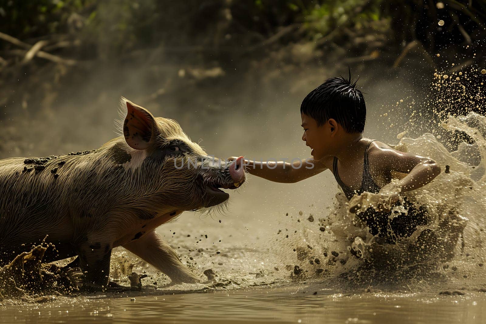 Boy with a pig in a dirt. Never wrestle with a pig because you will both get dirty and the pig likes it. Neural network generated image. Not based on any actual scene or pattern.