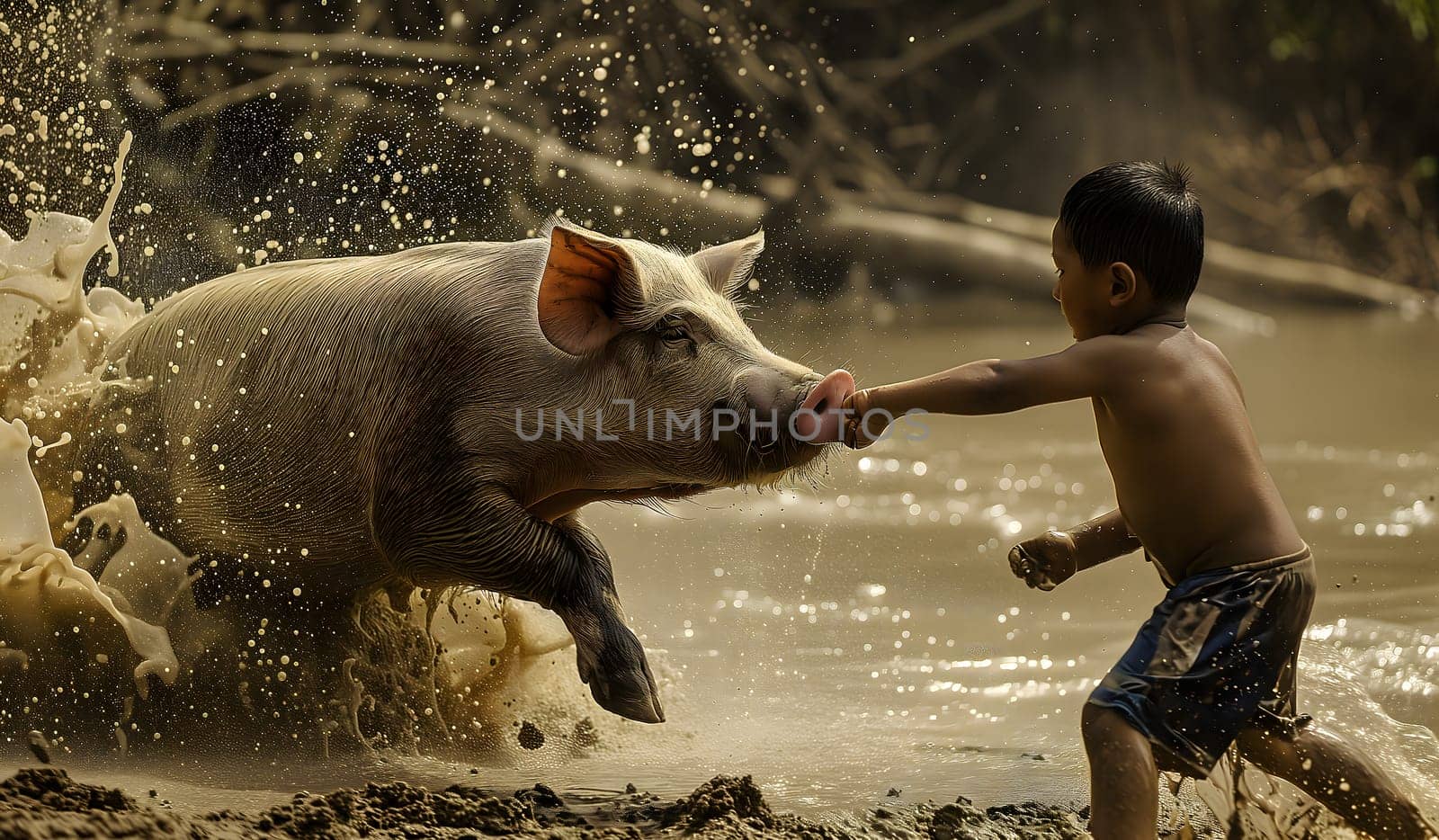 Boy with a pig in a dirt. Never wrestle with a pig because you will both get dirty and the pig likes it. Neural network generated image. Not based on any actual scene or pattern.