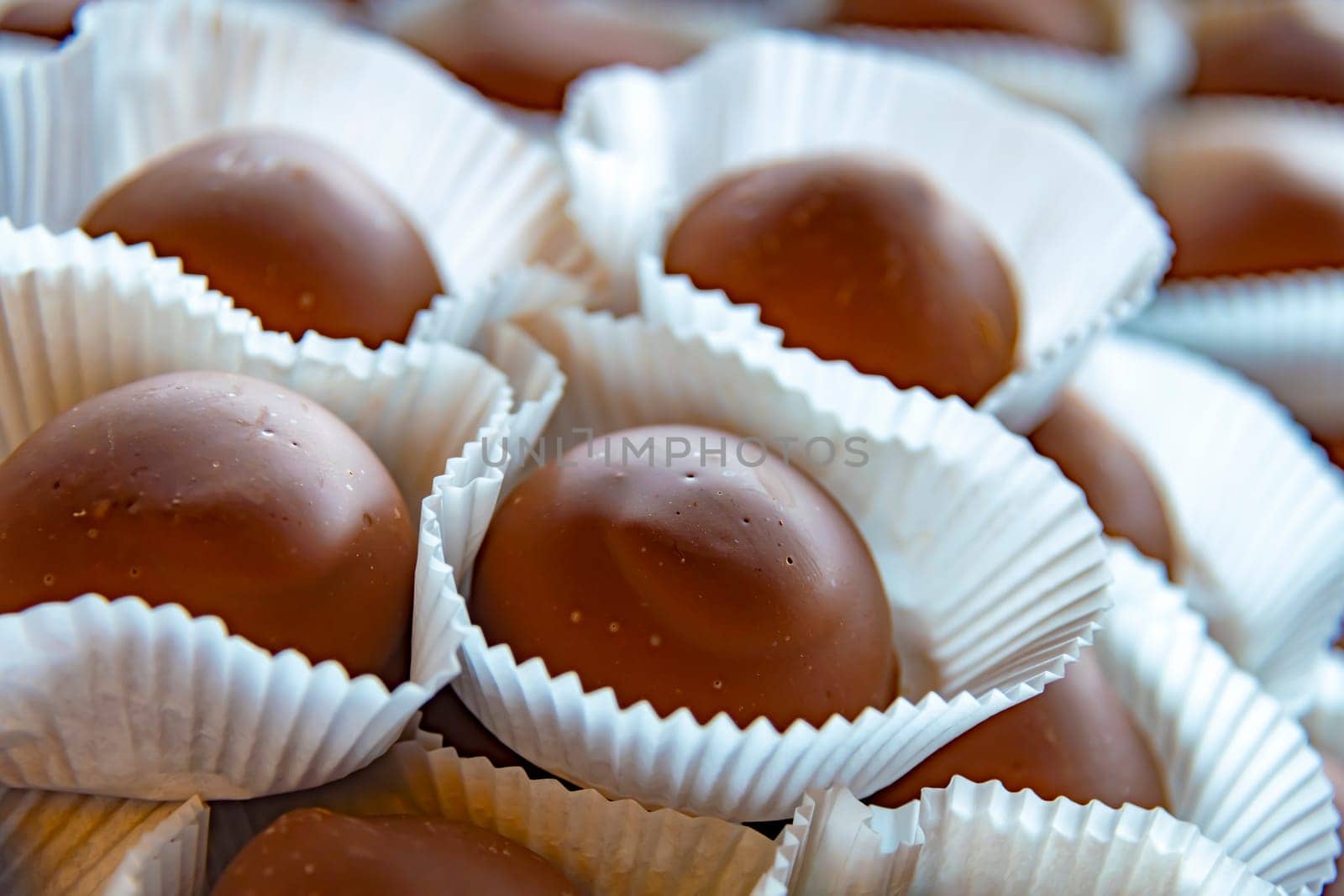 Traditional chocolate products sold in a Belgian confectionery shop in Bruges