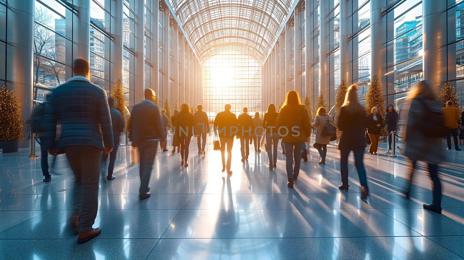 Many business people walking in bright office lobby fast moving with blurry. Neural network generated image. Not based on any actual scene or pattern.