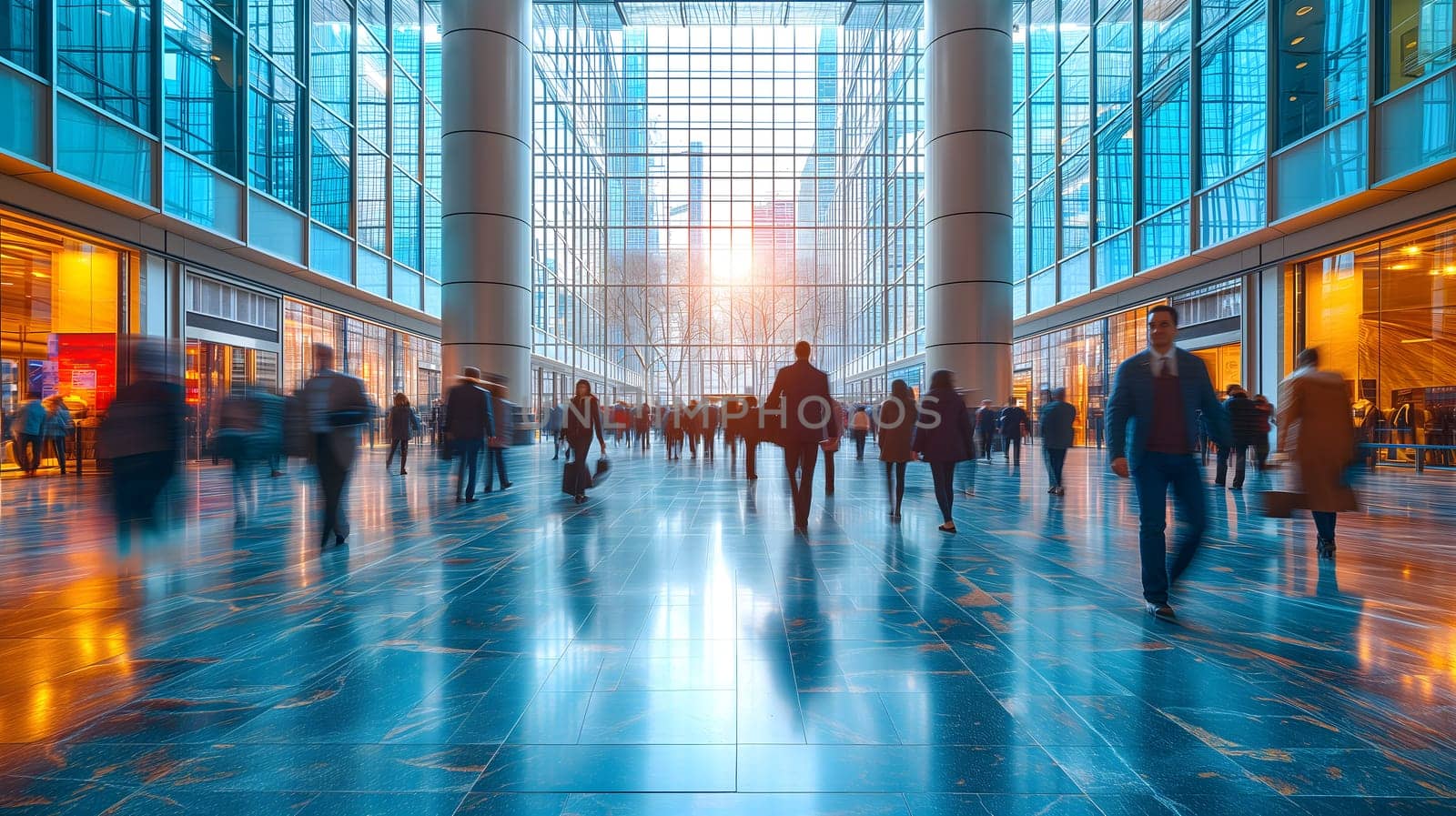Many business people walking in bright office lobby fast moving with blurry. Neural network generated image. Not based on any actual scene or pattern.