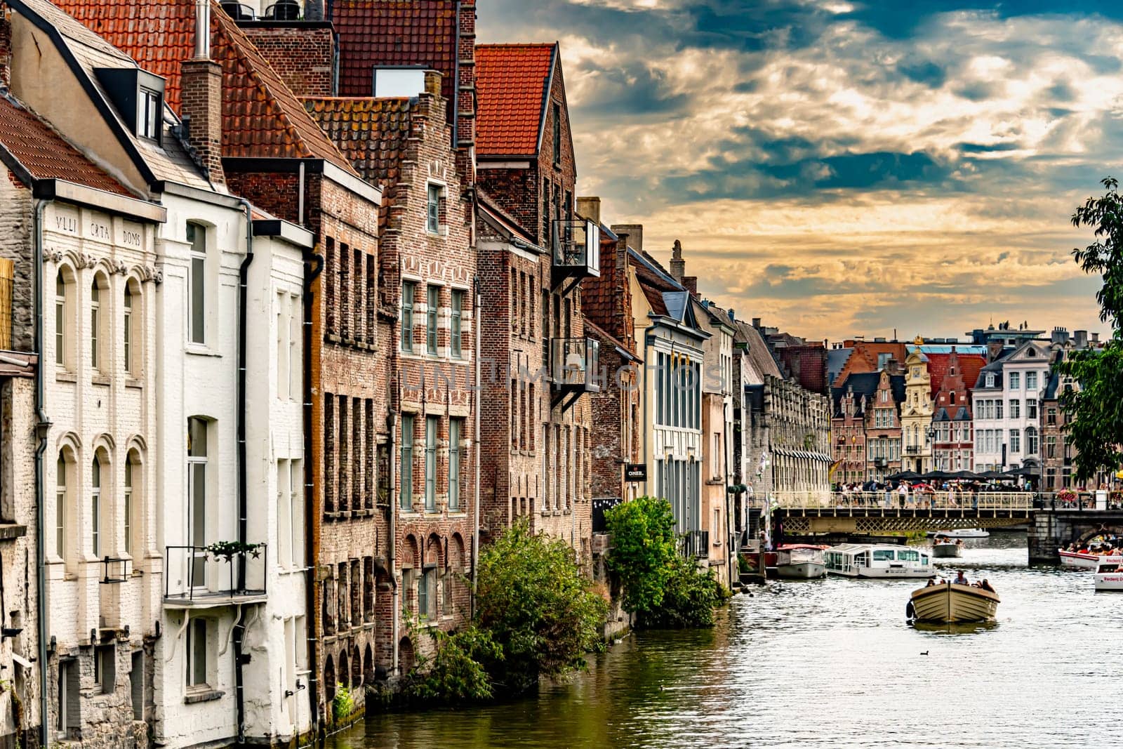 GHENT, BELGIUM - AUG 24, 2022: Architecture of the historic city center of Ghent in the Flemish Region of Belgium