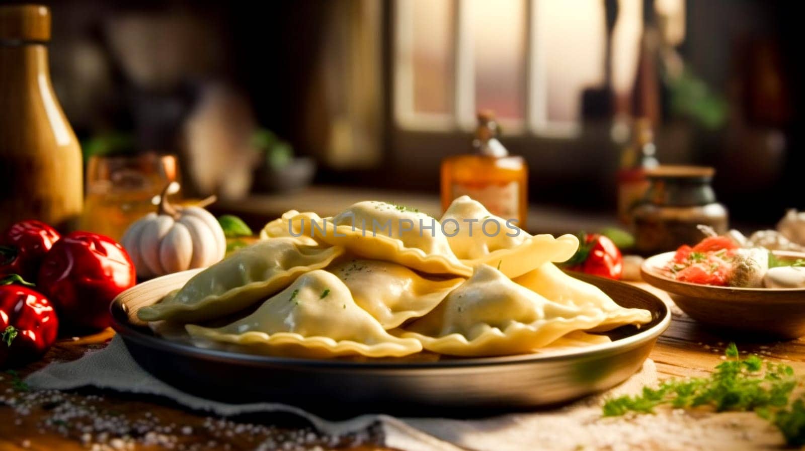 A plate of traditional dumplings sits amid a rustic table setting, infused with warm, natural light.