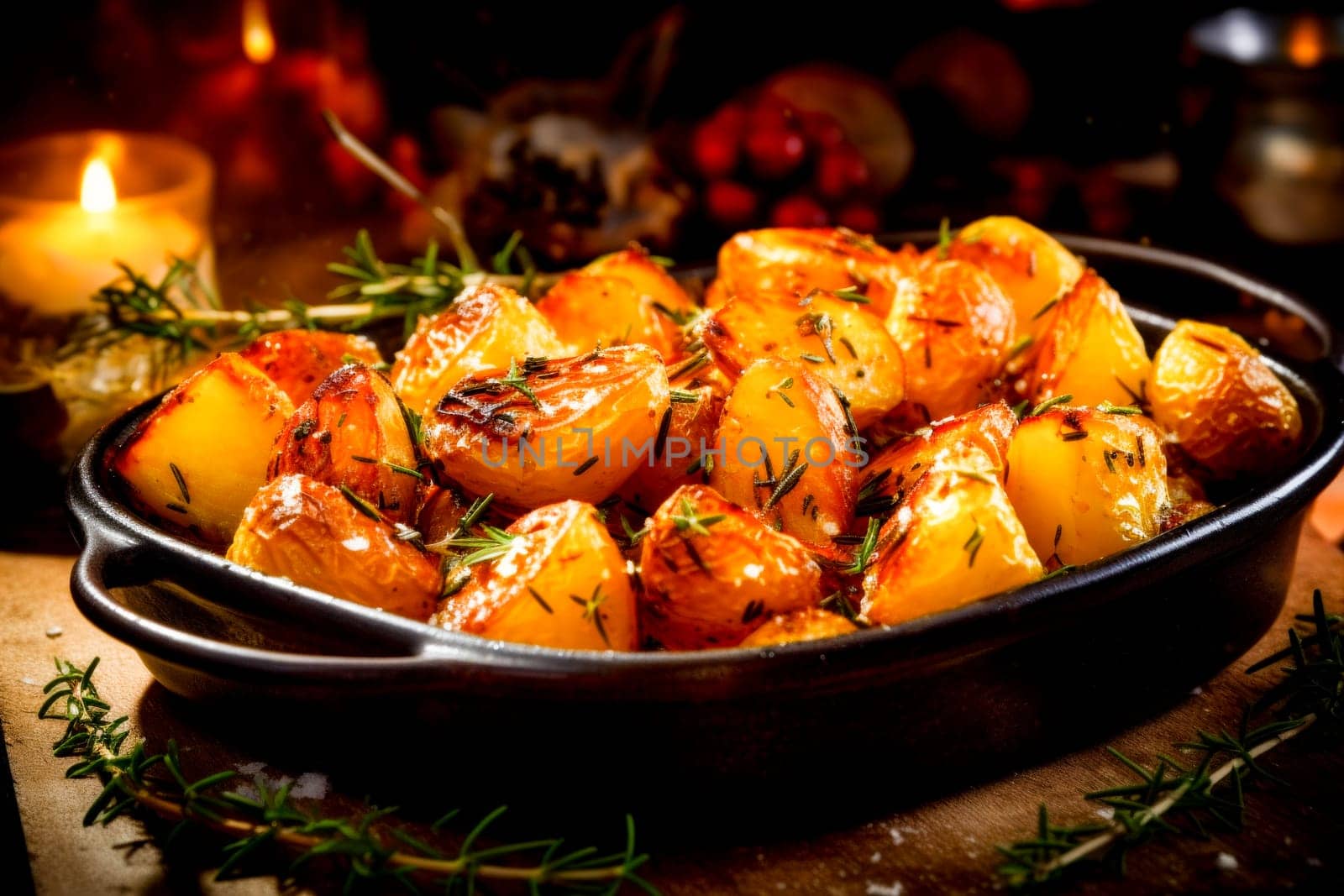 Roasted golden potatoes seasoned with rosemary, served in a rustic pan with ambient lighting.