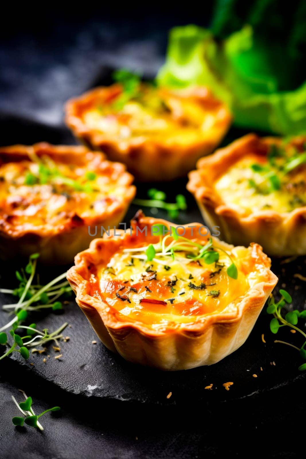 Mini Quiche Delights. Savory mini quiches served on a slate tray, topped with fresh herbs.