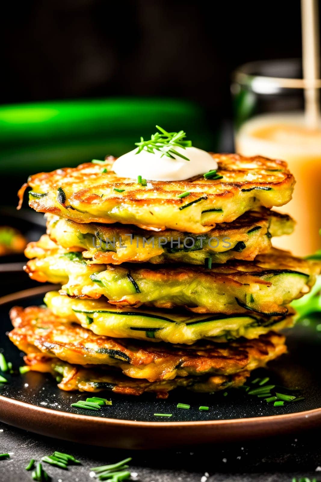 A stack of crispy zucchini fritters topped with a dollop of sour cream and chives.