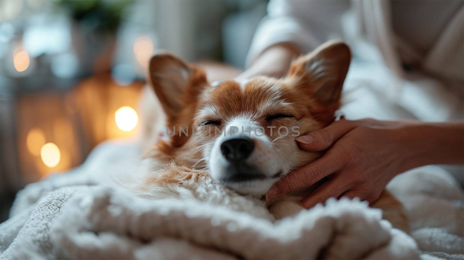 A contented dog enjoys a gentle petting, dozing off in a warm, fuzzy blanket. Cozy Canine Slumber.