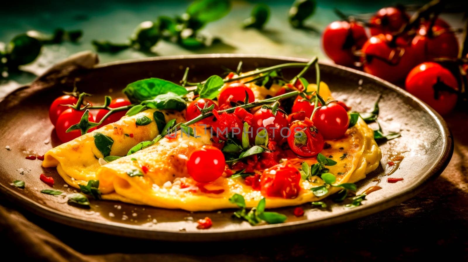 An open-faced omelette adorned with fresh cherry tomatoes and basil, presented on a clay plate.