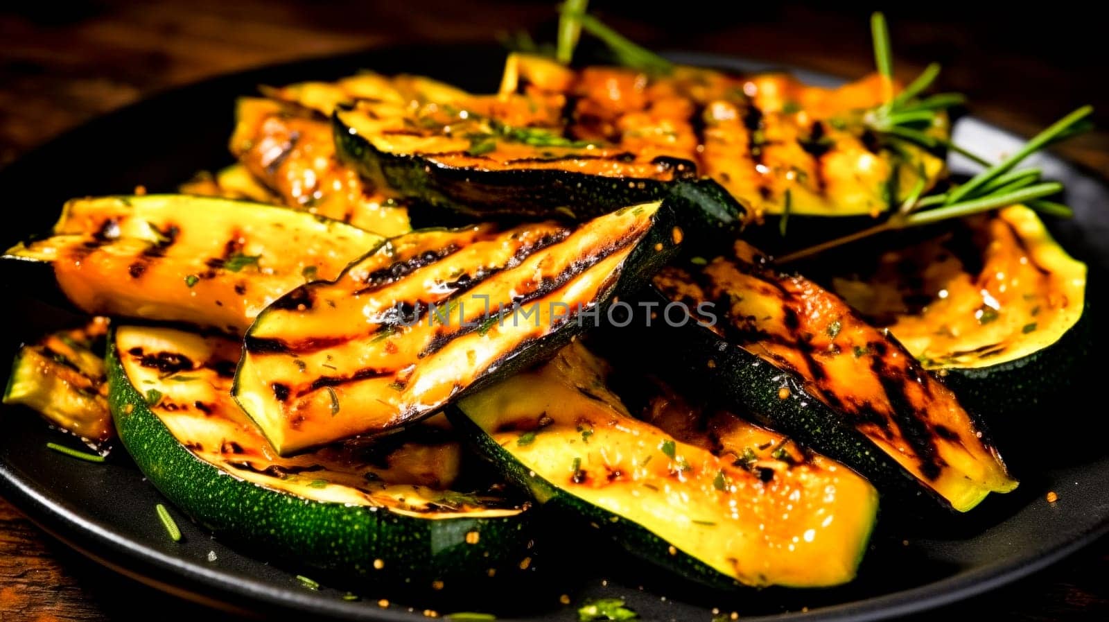 Grilled zucchini strips with rosemary on a dark plate, ideal for healthy food concepts.